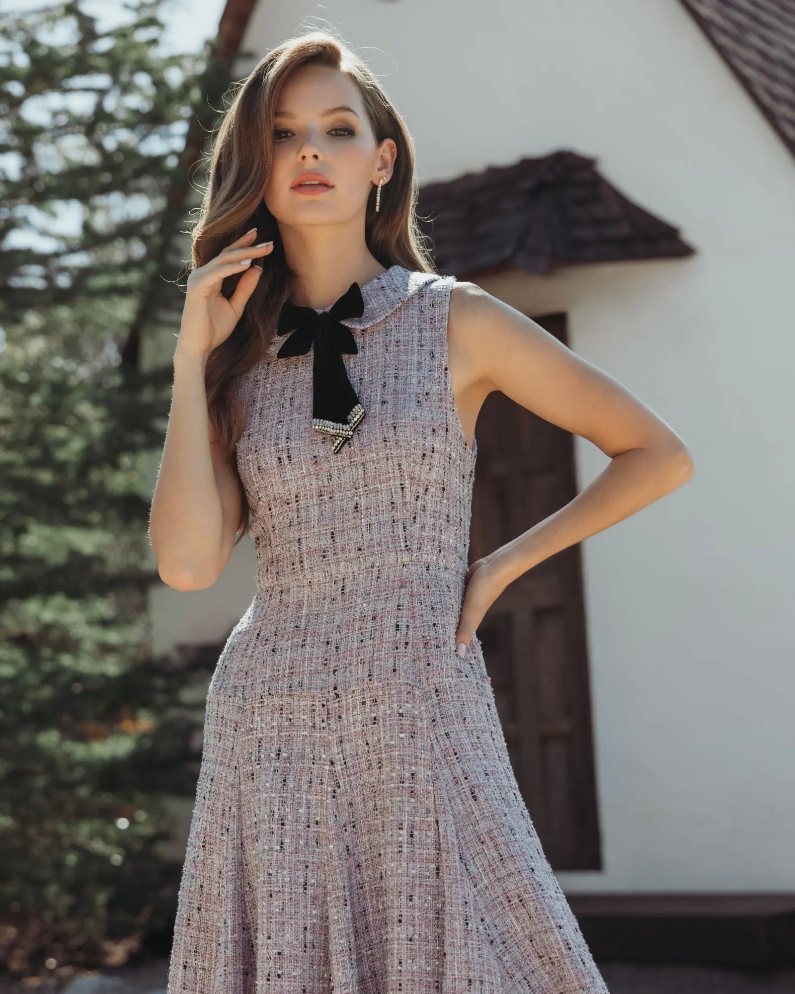 Purple Sleeveless Boucle A-Line Midi Dress With Bow-Myartka