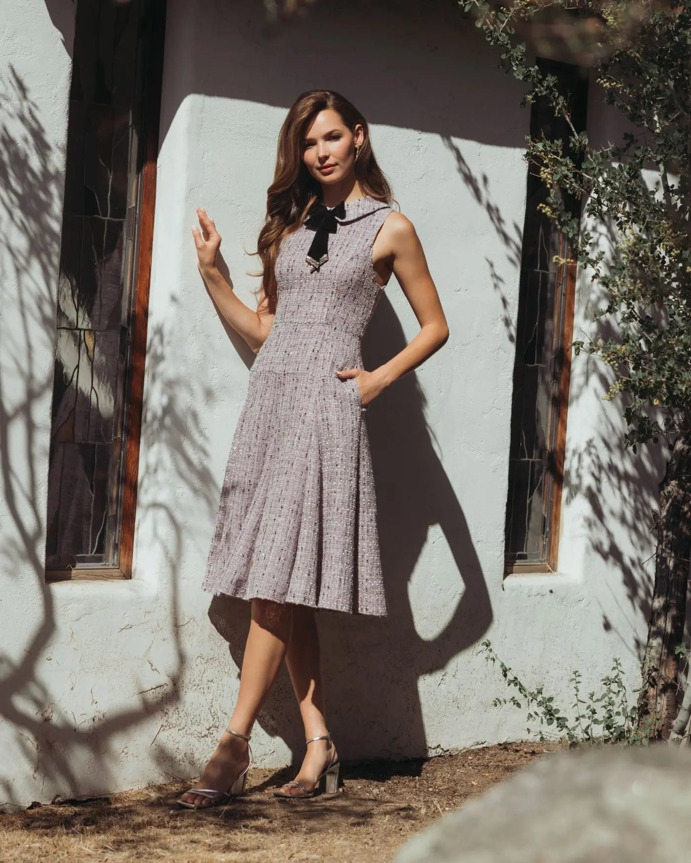 Purple Sleeveless Boucle A-Line Midi Dress With Bow-Myartka