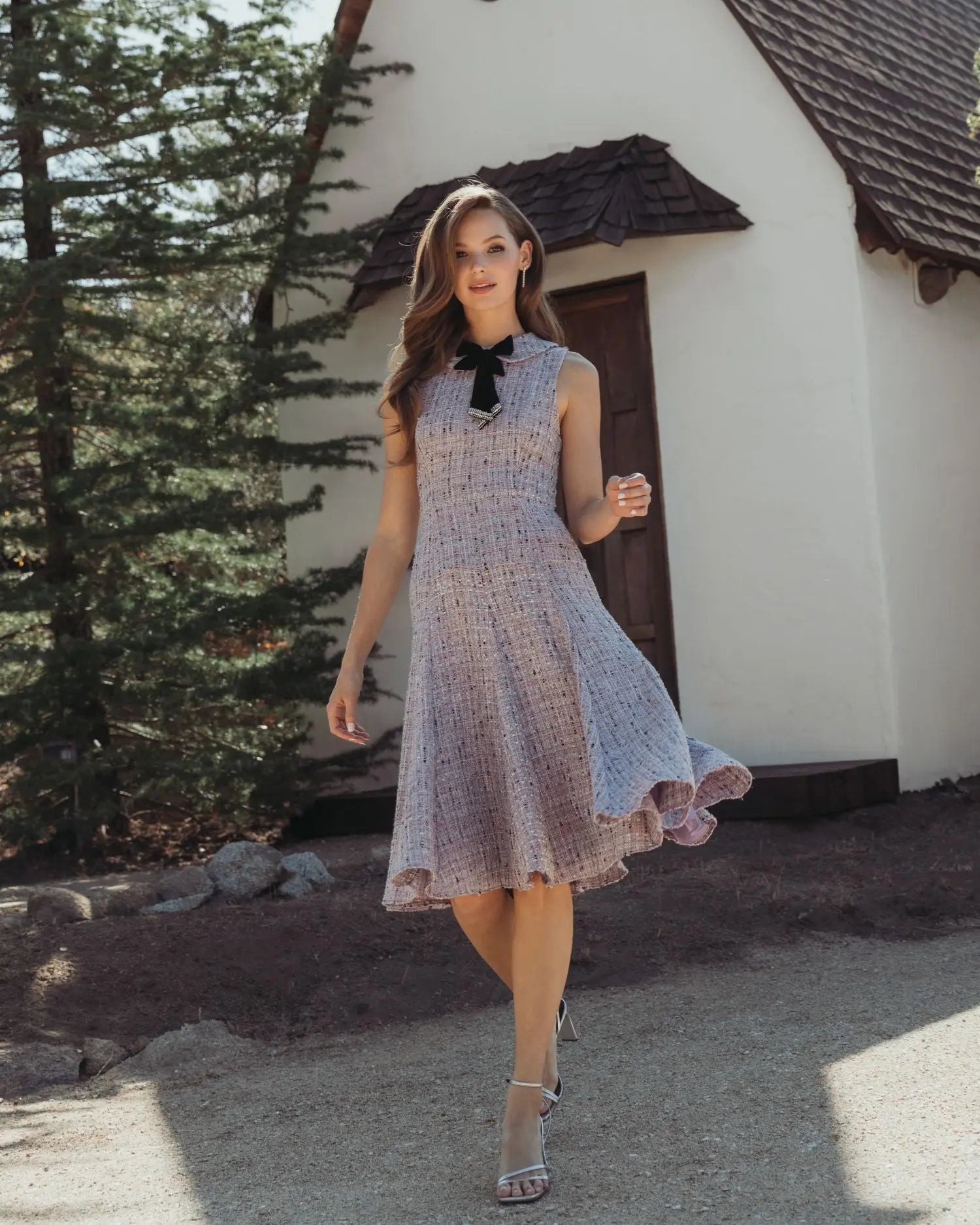 Purple Sleeveless Boucle A-Line Midi Dress With Bow-Myartka