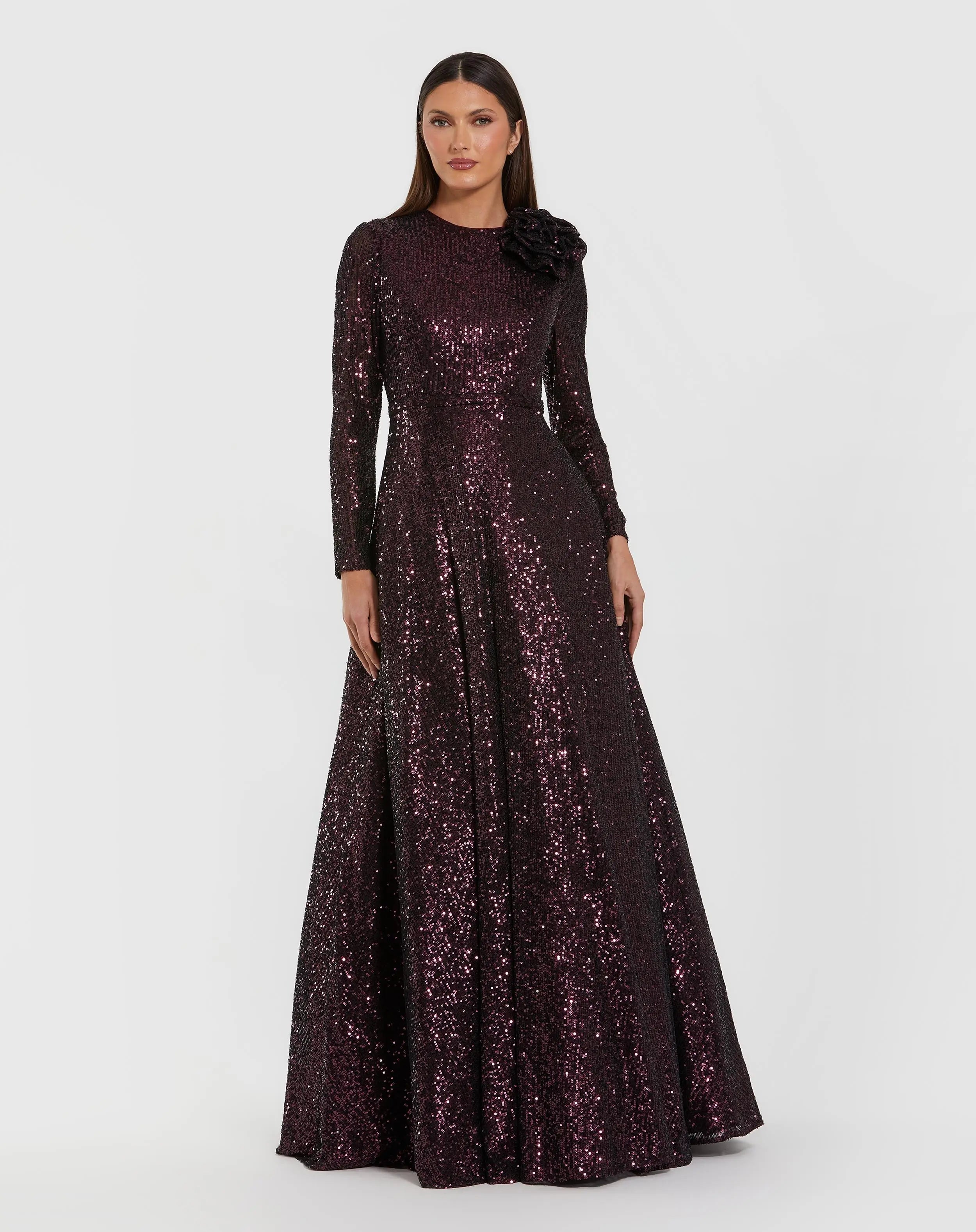 Dark Purple Long Sleeve Sequin Ball Gown With 3D Flower-Myartka