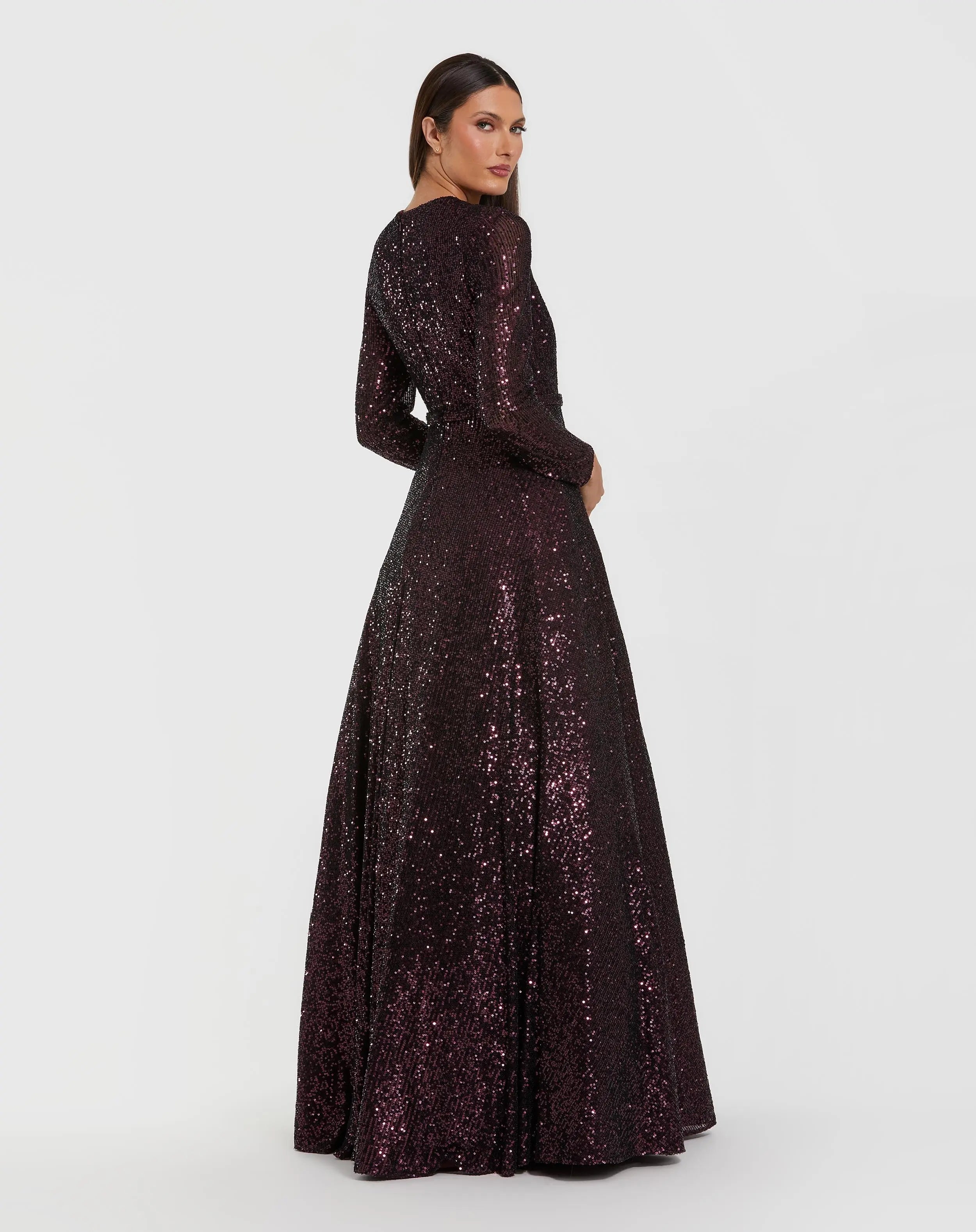 Dark Purple Long Sleeve Sequin Ball Gown With 3D Flower-Myartka