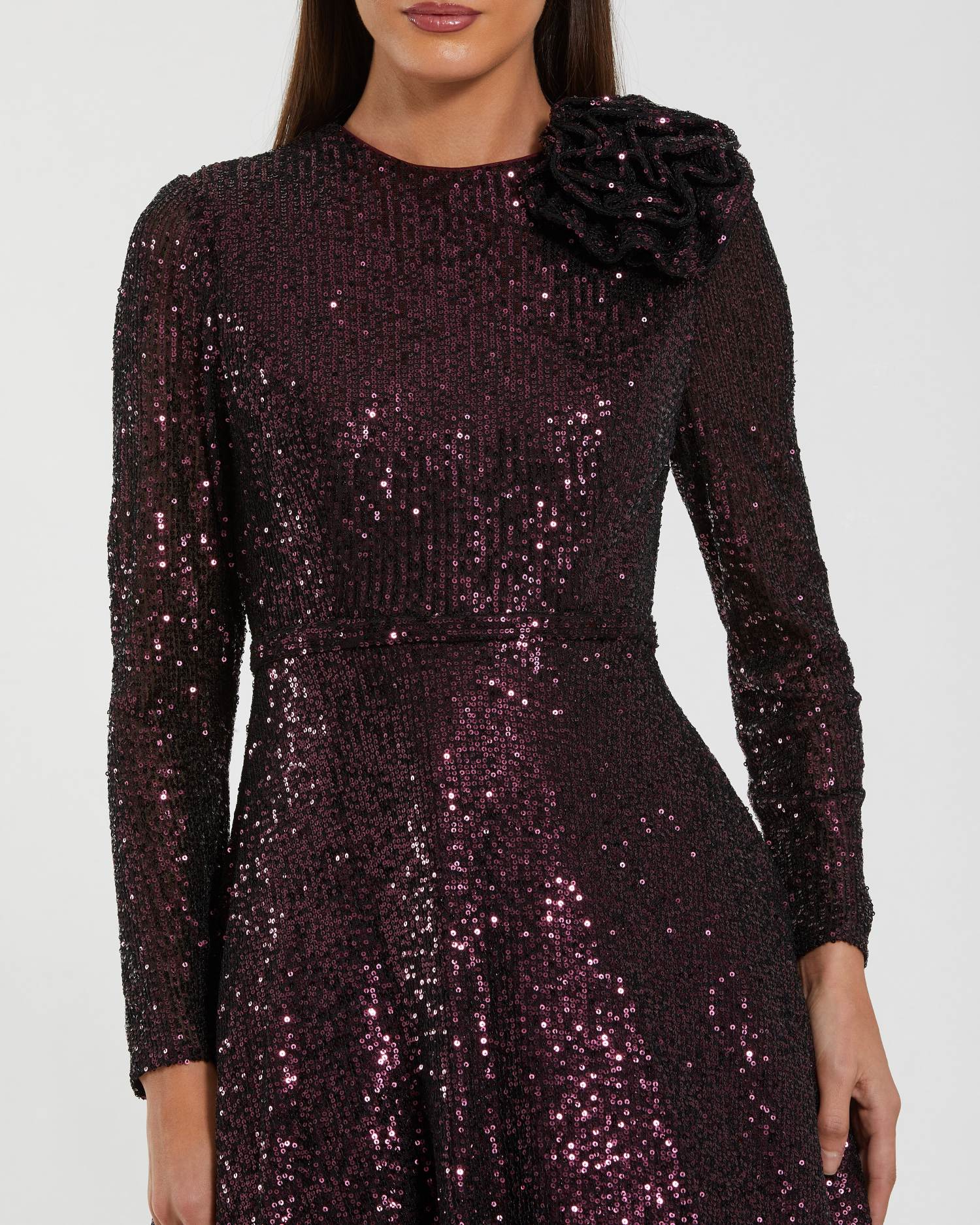 Dark Purple Long Sleeve Sequin Ball Gown With 3D Flower-Myartka