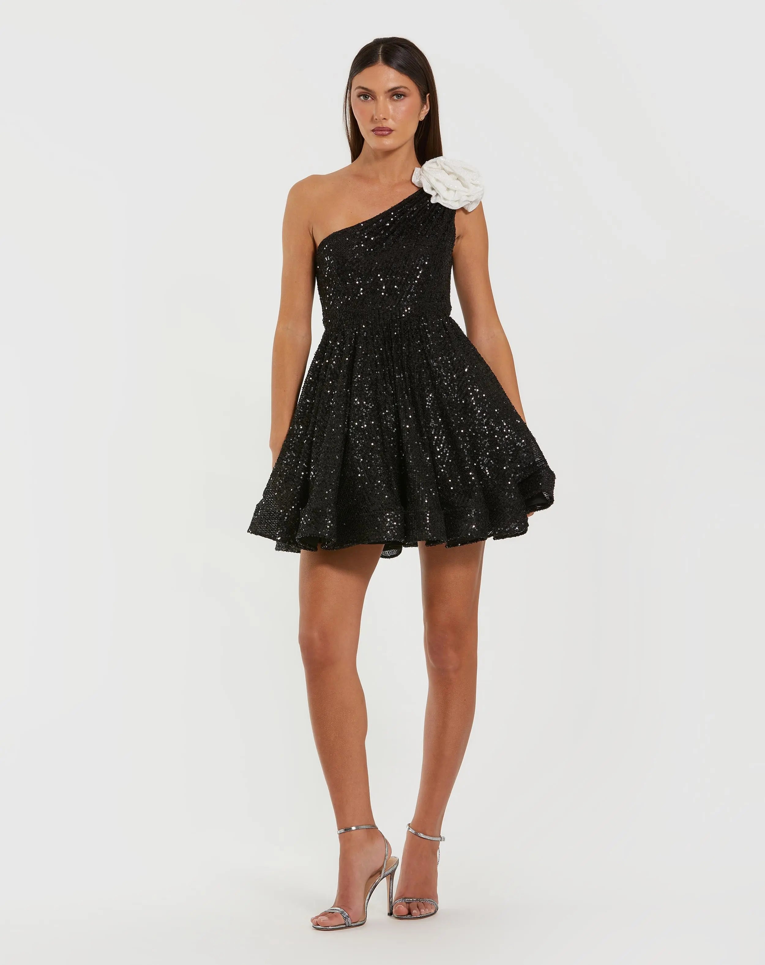Black One Shoulder Sequin Mini Dress With 3D Flower-Myartka