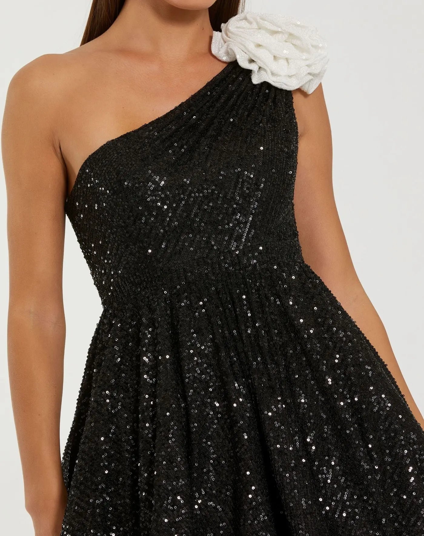 Black One Shoulder Sequin Mini Dress With 3D Flower-Myartka
