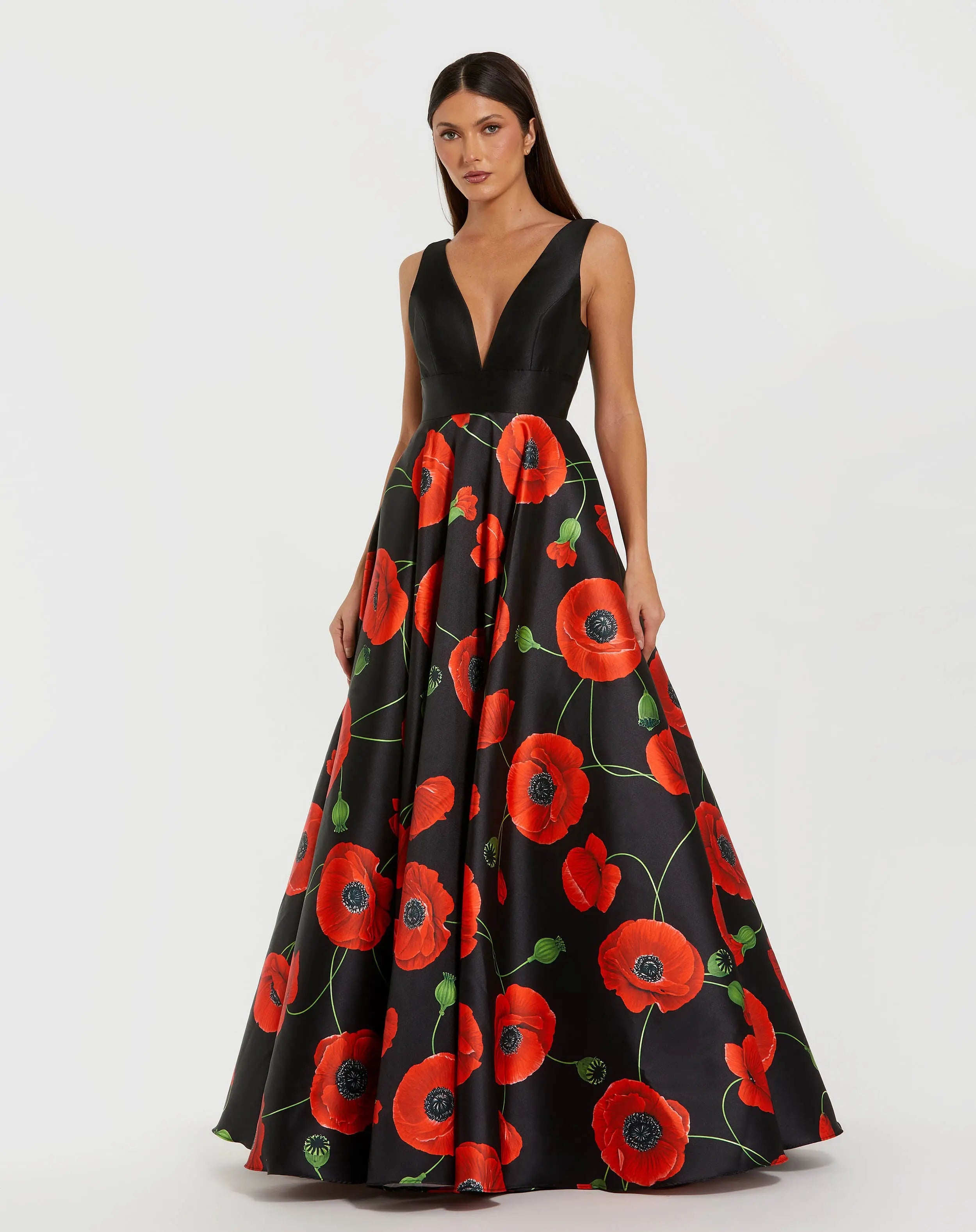 Black Plunge Neck Ball Gown With Floral Mikado Skirt-Myartka
