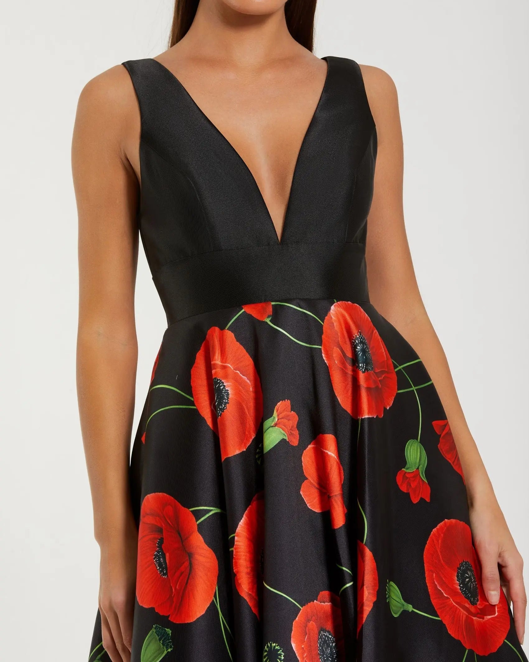 Black Plunge Neck Ball Gown With Floral Mikado Skirt-Myartka
