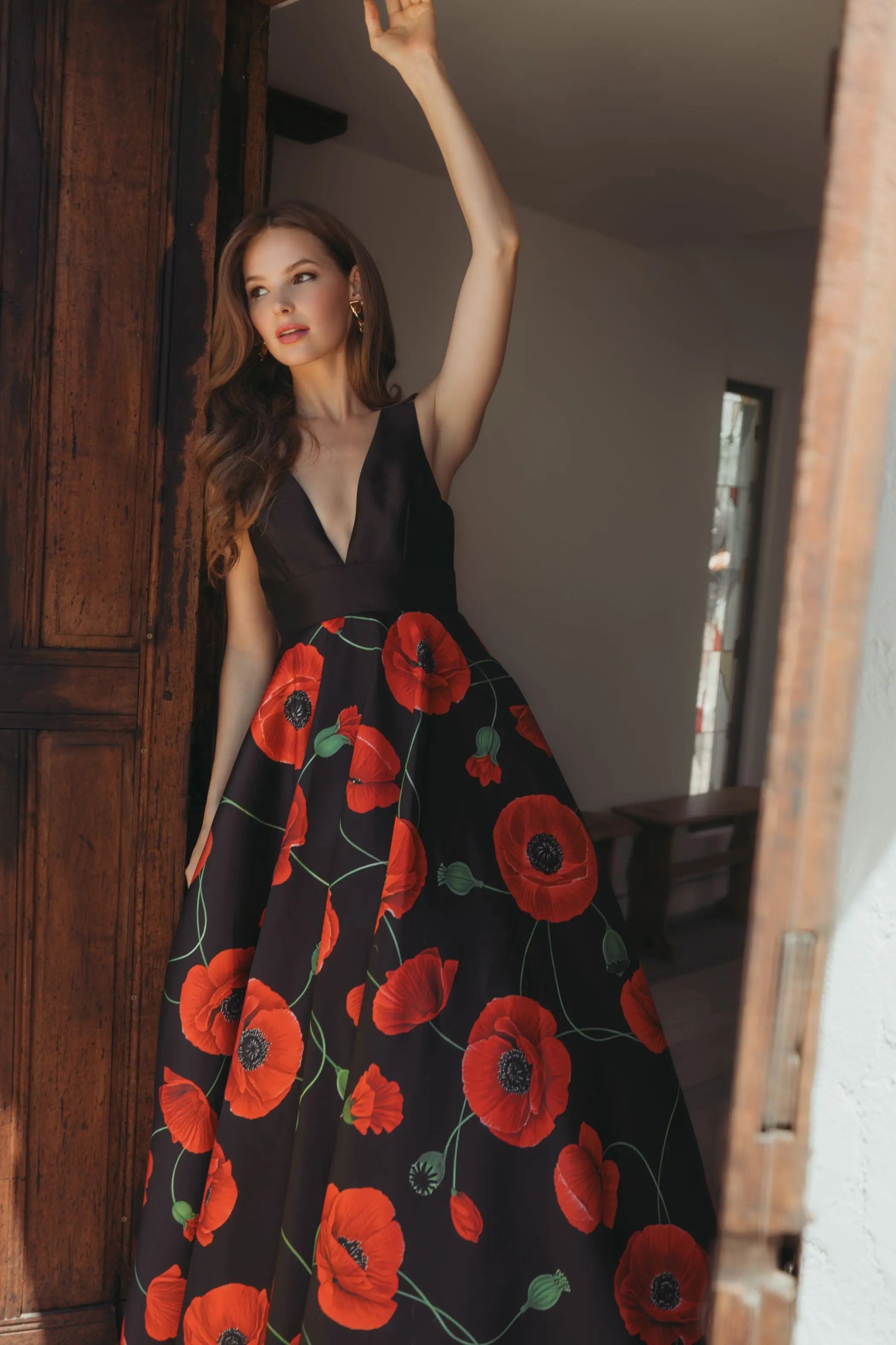 Black Plunge Neck Ball Gown With Floral Mikado Skirt-Myartka