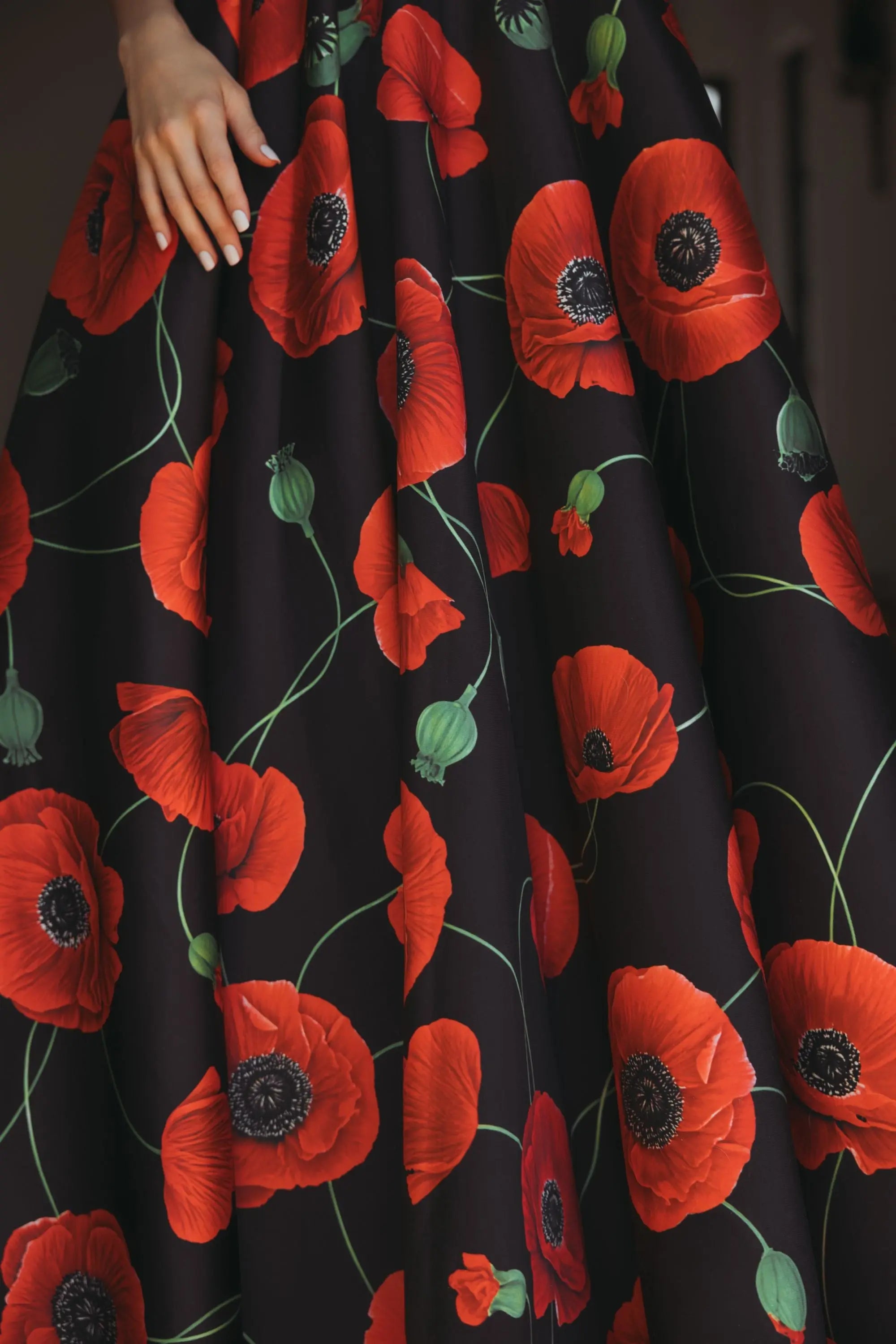 Black Plunge Neck Ball Gown With Floral Mikado Skirt-Myartka