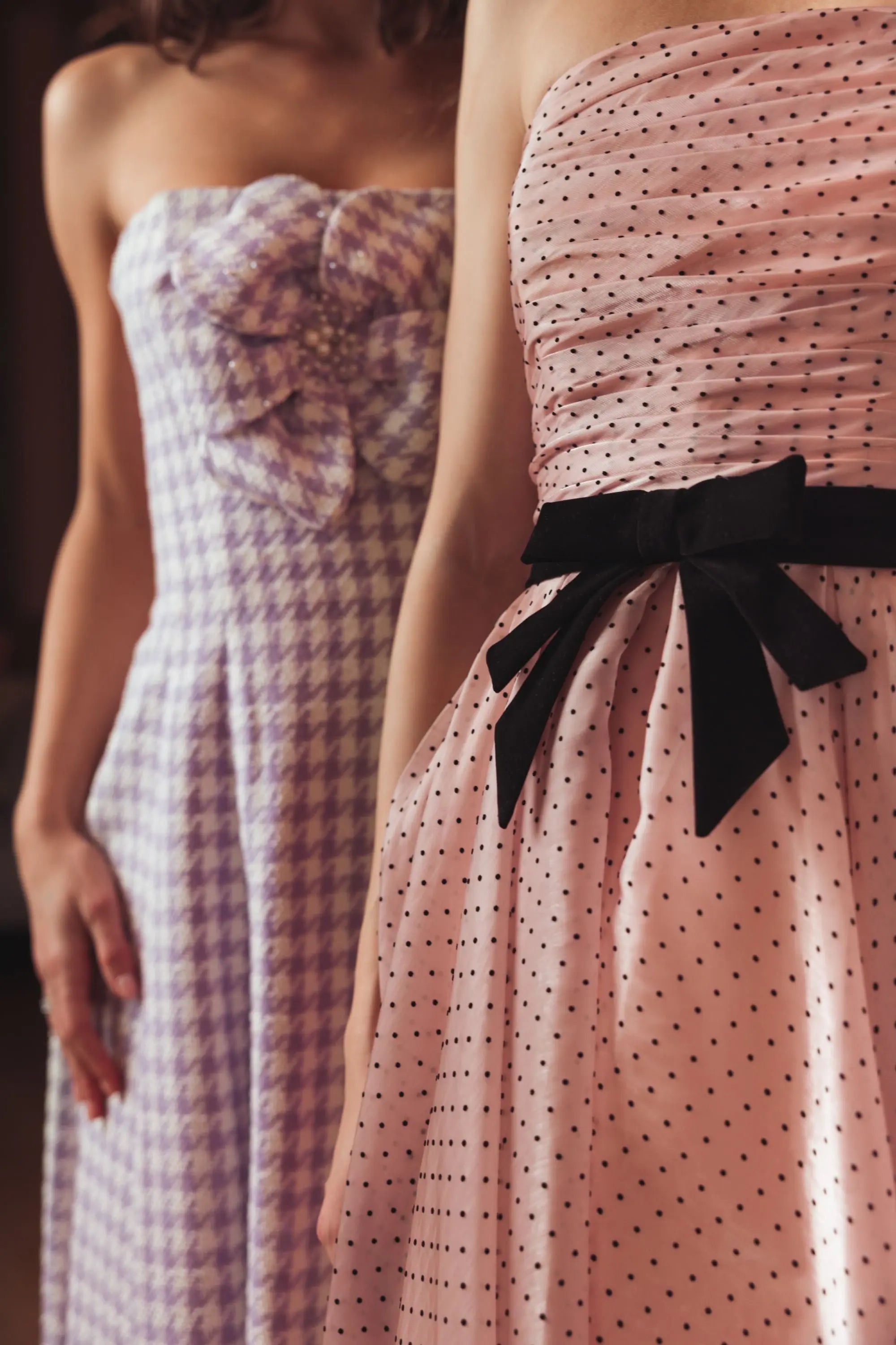 Pink Polka Dot Organza Strapless Midi Dress With Velvet Bow-Myartka