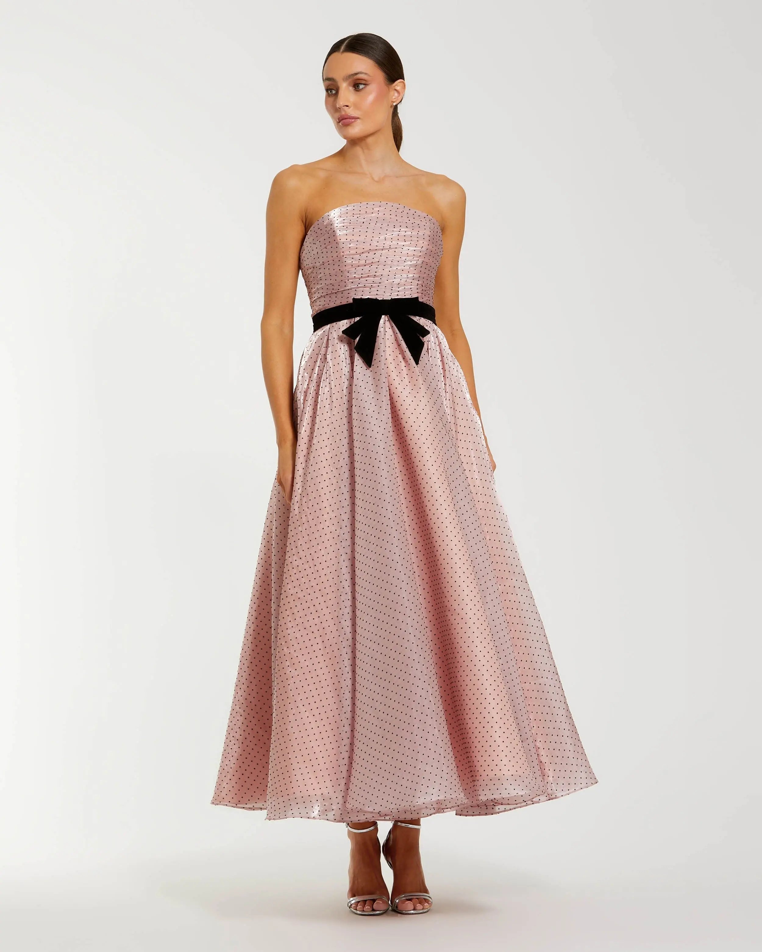 Pink Polka Dot Organza Strapless Midi Dress With Velvet Bow-Myartka
