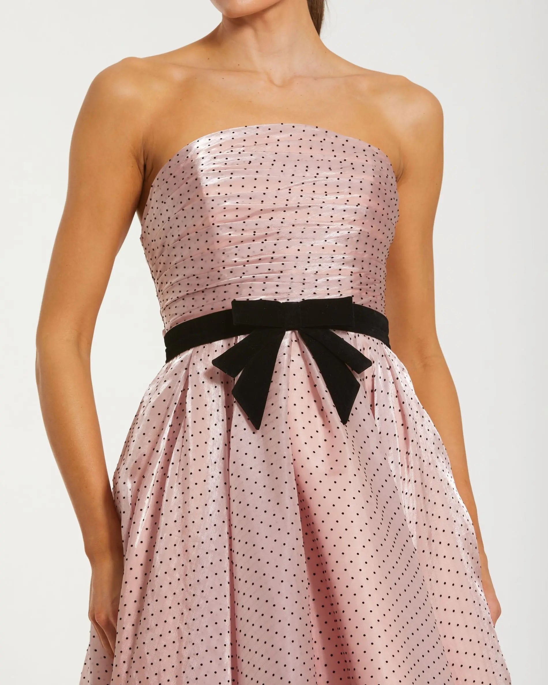 Pink Polka Dot Organza Strapless Midi Dress With Velvet Bow-Myartka