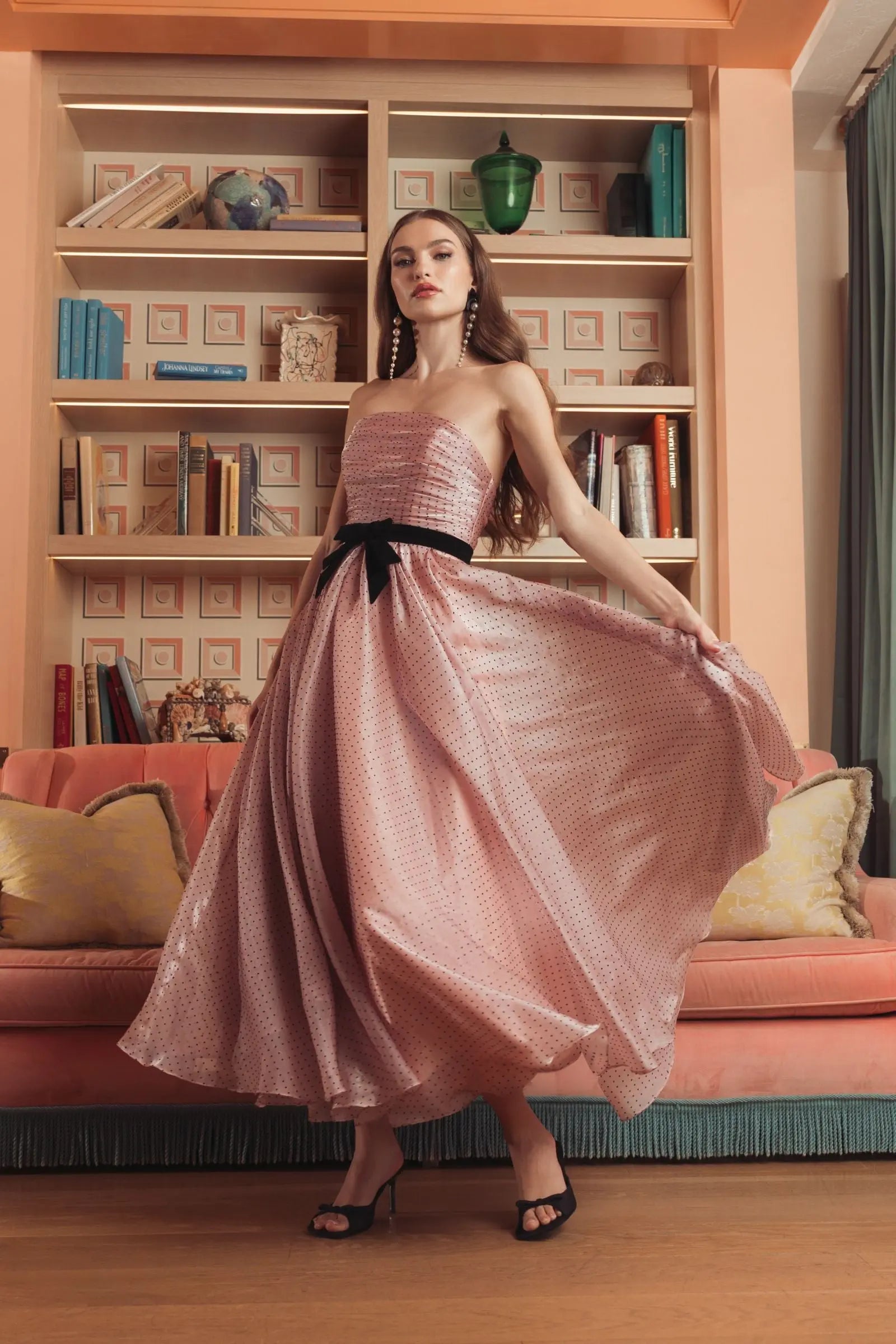 Pink Polka Dot Organza Strapless Midi Dress With Velvet Bow-Myartka