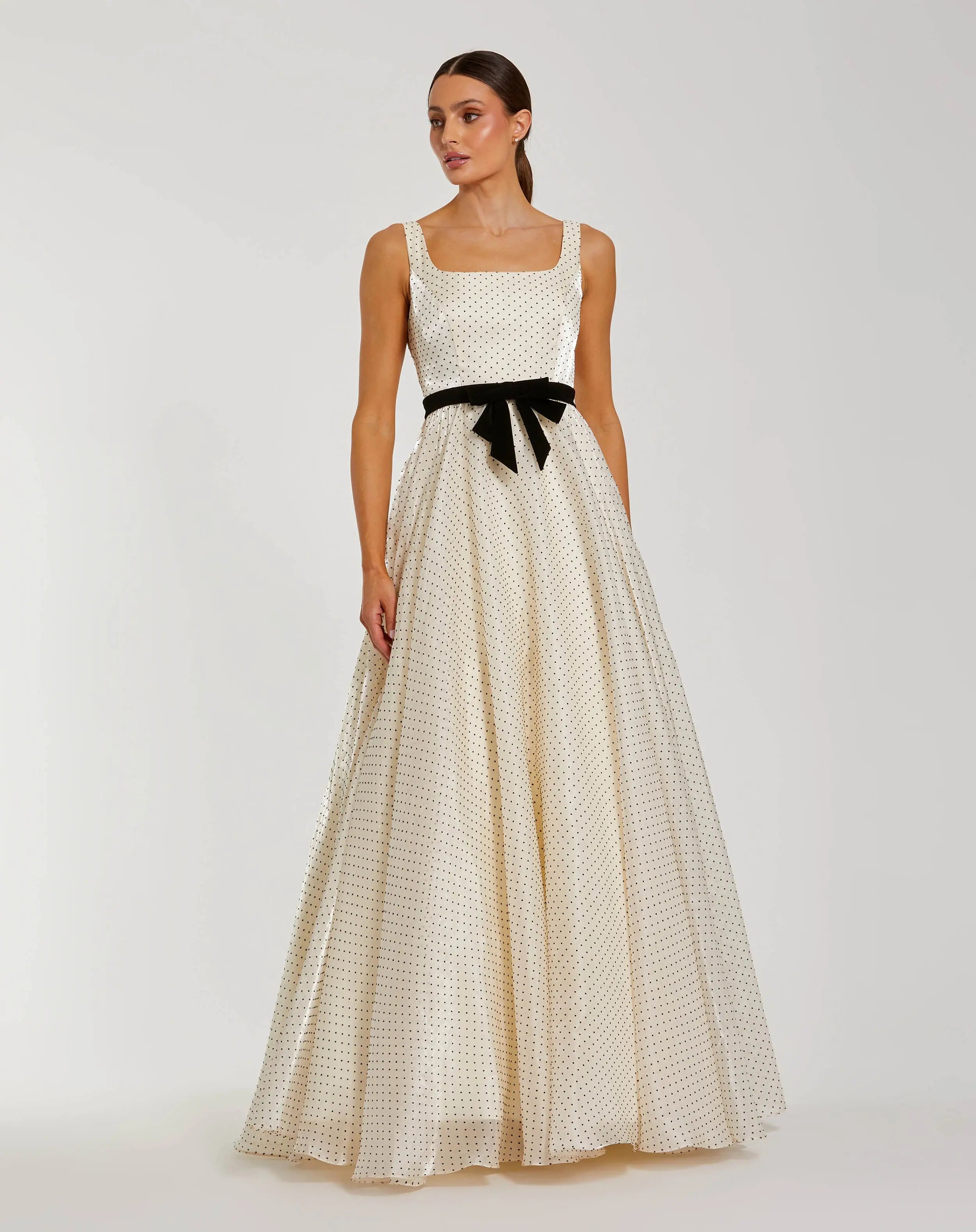 Ivory Polka Dot Square Neck Ball Gown with Bow-Myartka