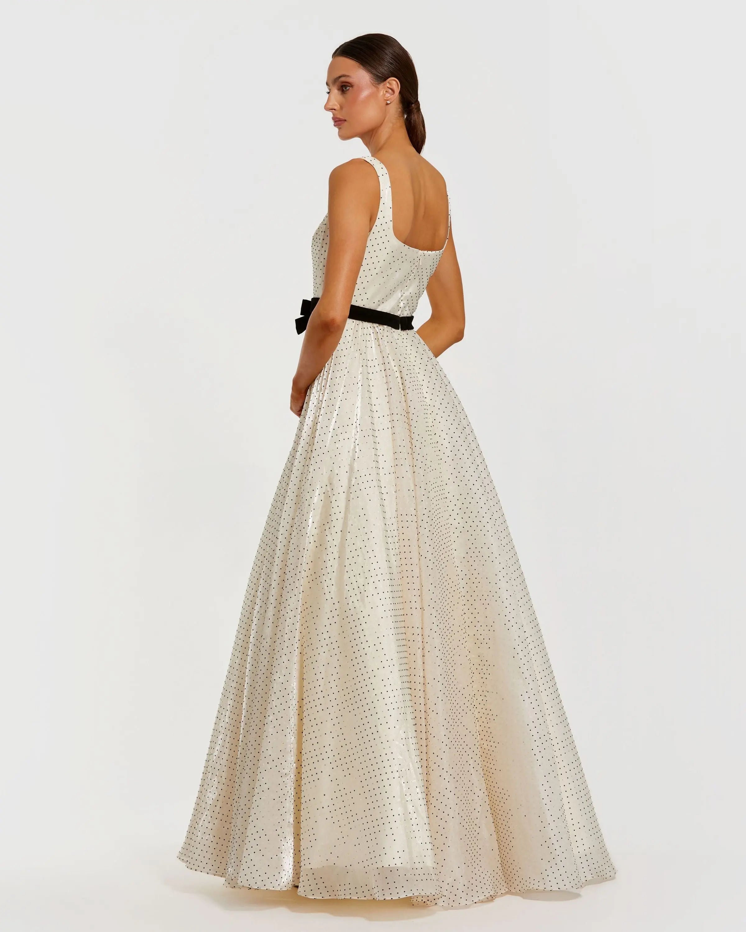 Ivory Polka Dot Square Neck Ball Gown with Bow-Myartka