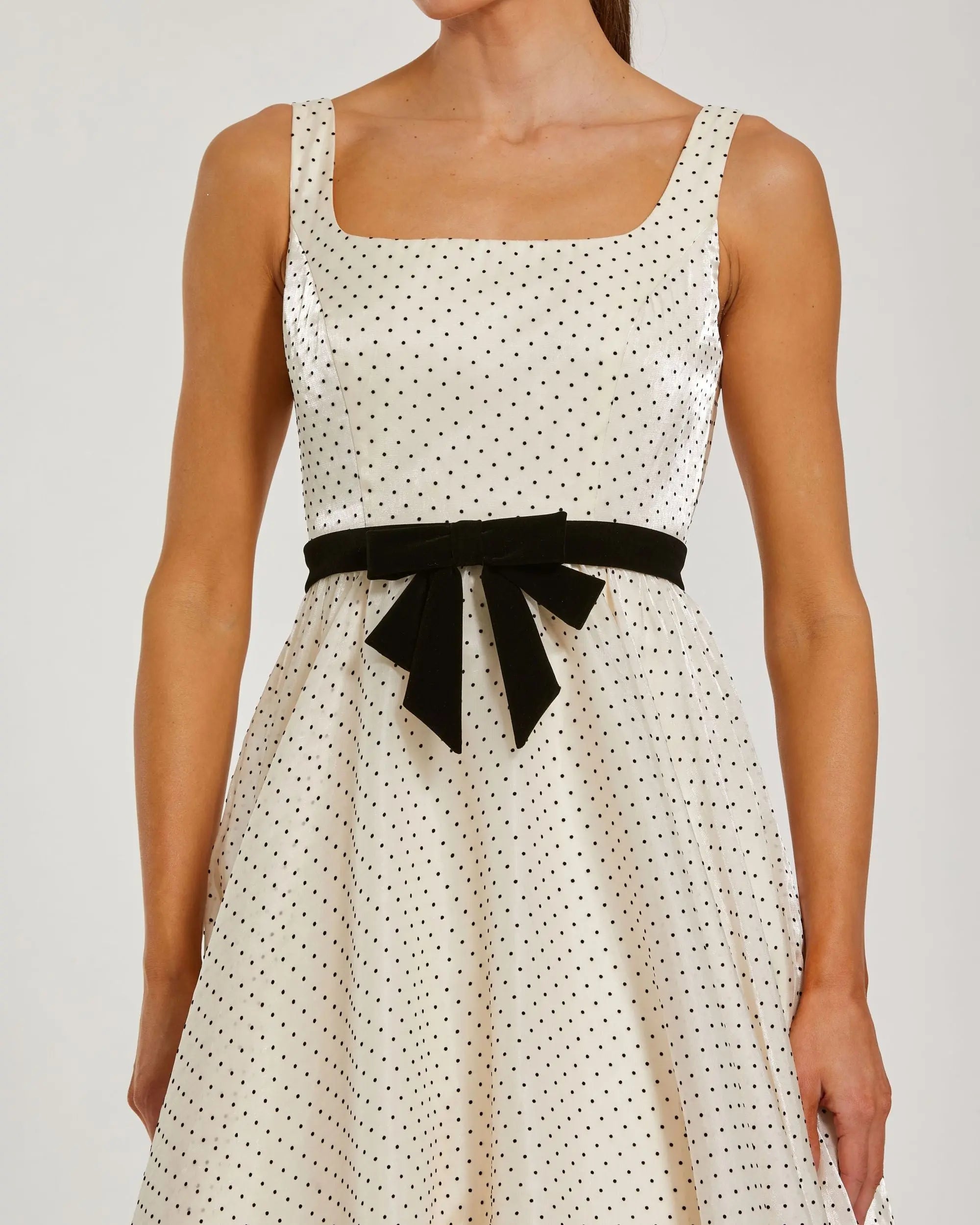 Ivory Polka Dot Square Neck Ball Gown with Bow-Myartka