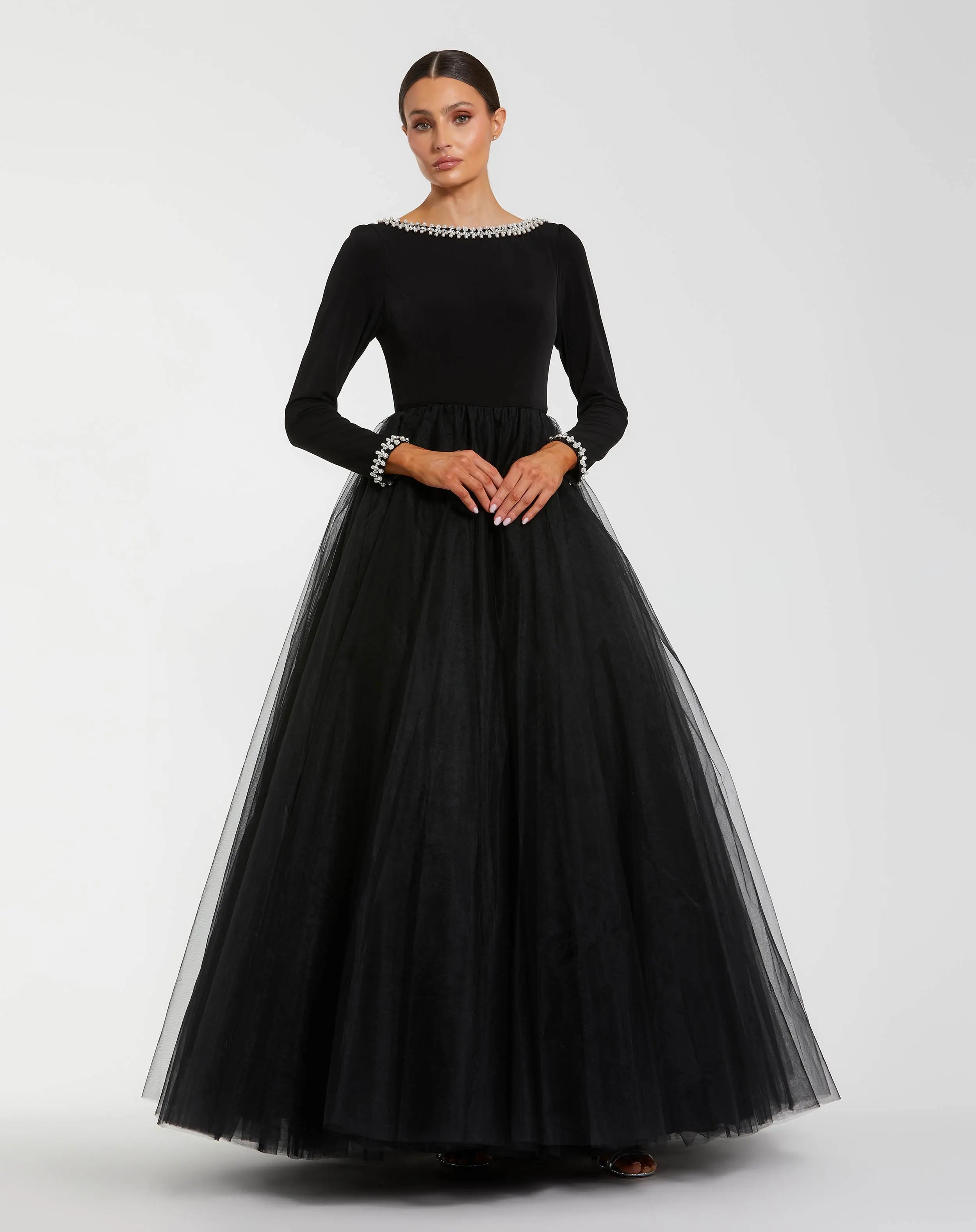 Black Embellished Jersey Long Sleeve Ball Gown With Tulle Skirt-Myartka