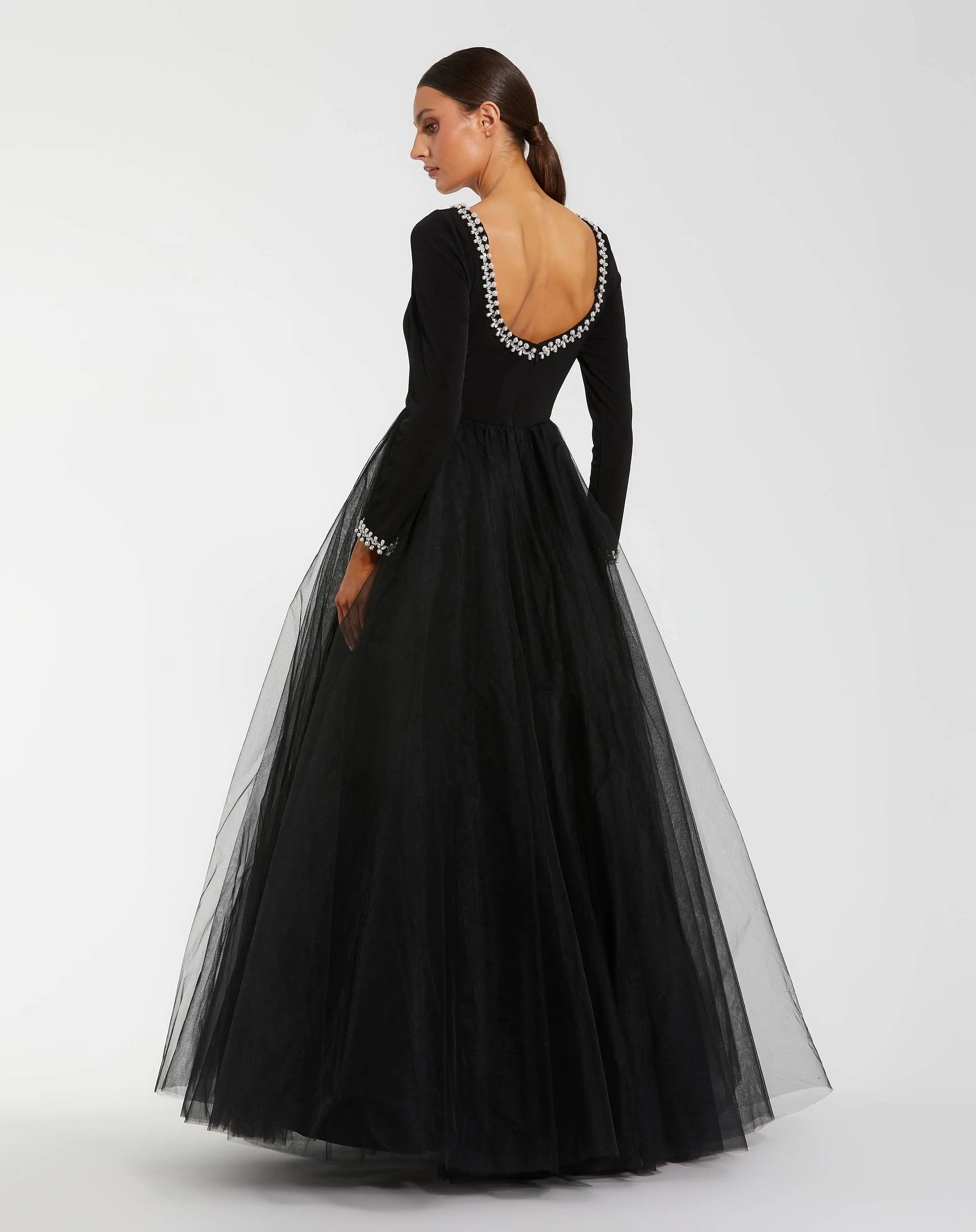 Black Embellished Jersey Long Sleeve Ball Gown With Tulle Skirt-Myartka