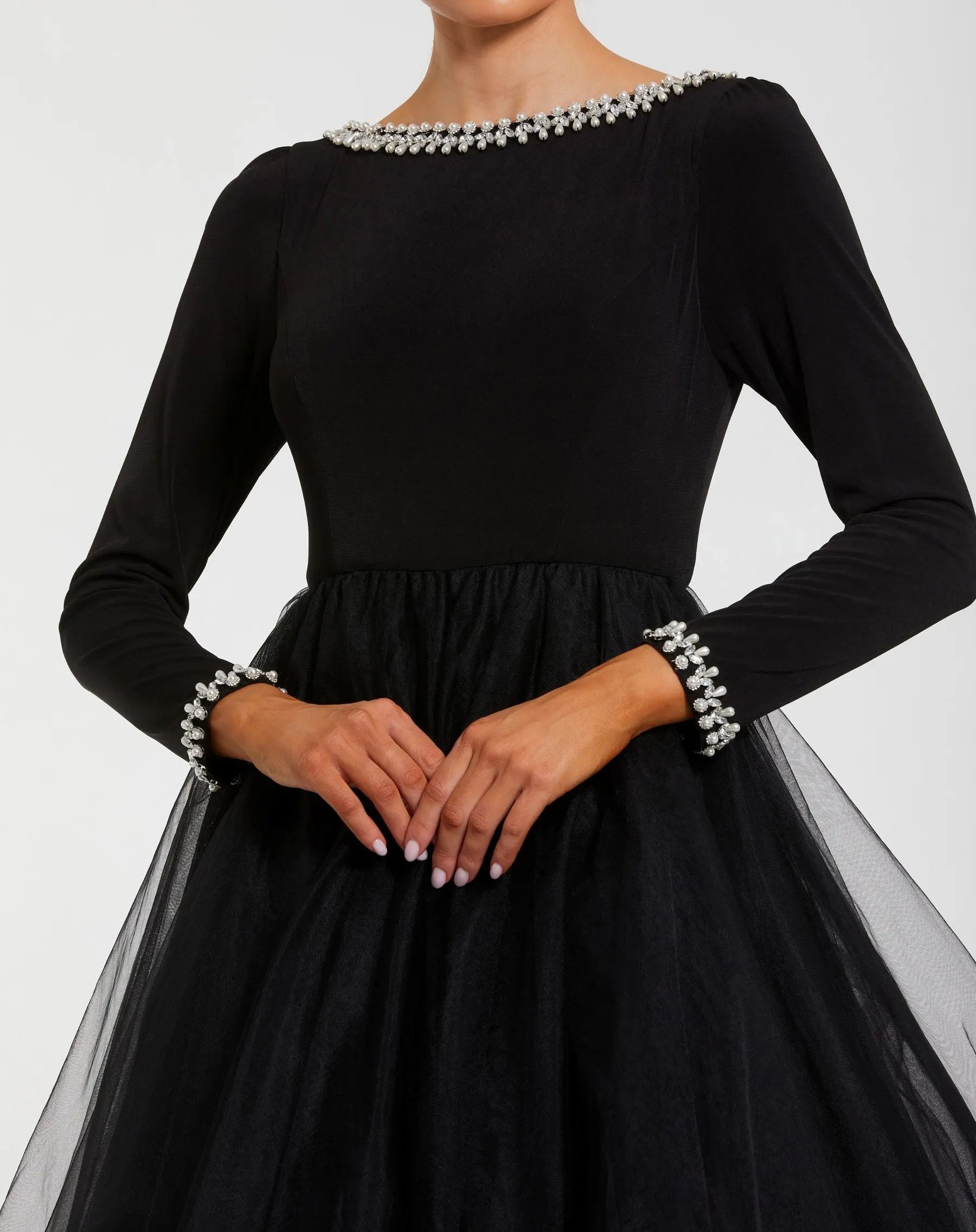 Black Embellished Jersey Long Sleeve Ball Gown With Tulle Skirt-Myartka