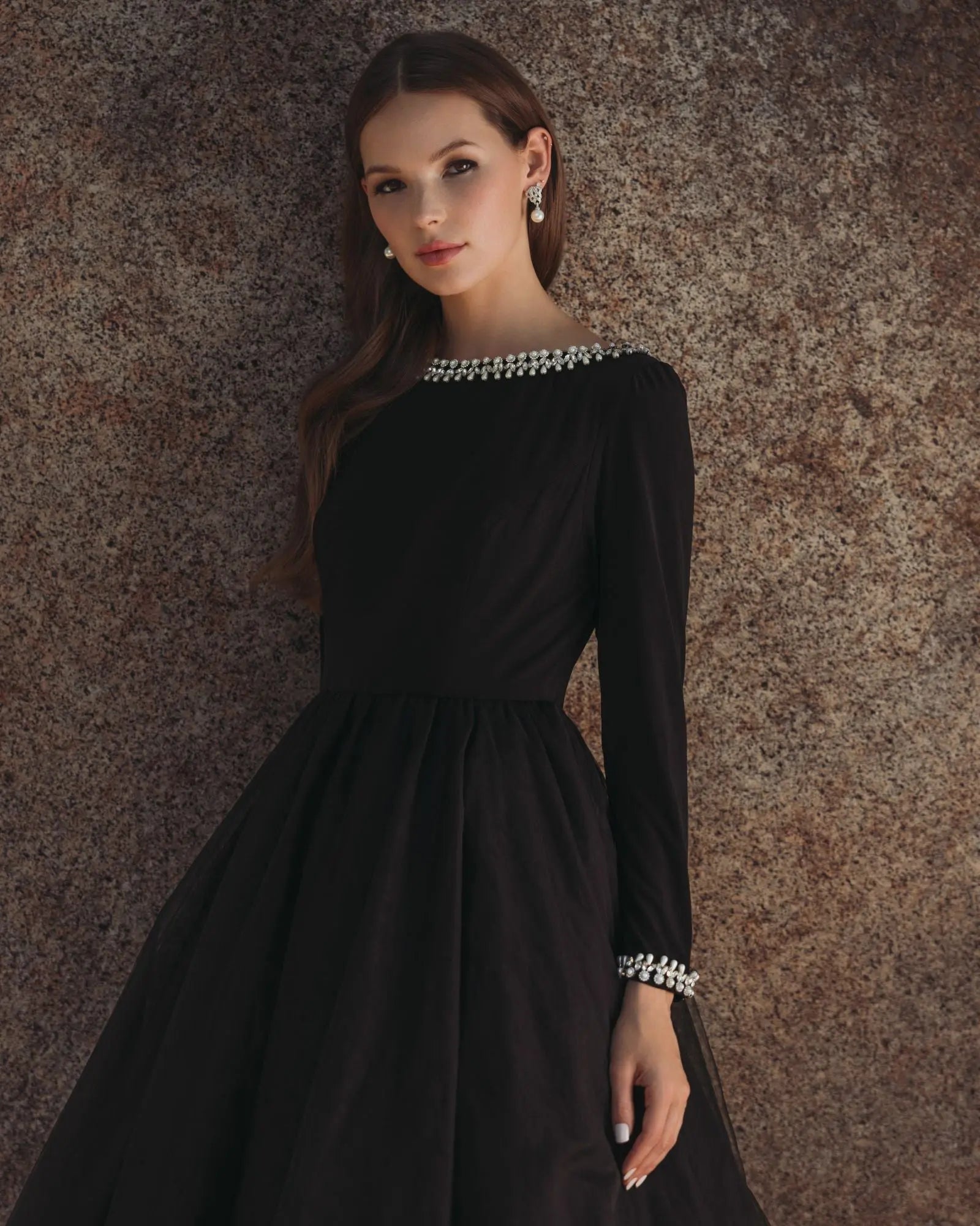 Black Embellished Jersey Long Sleeve Ball Gown With Tulle Skirt-Myartka