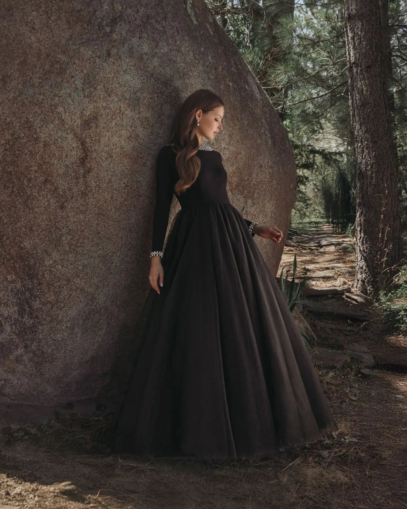 Black Embellished Jersey Long Sleeve Ball Gown With Tulle Skirt-Myartka