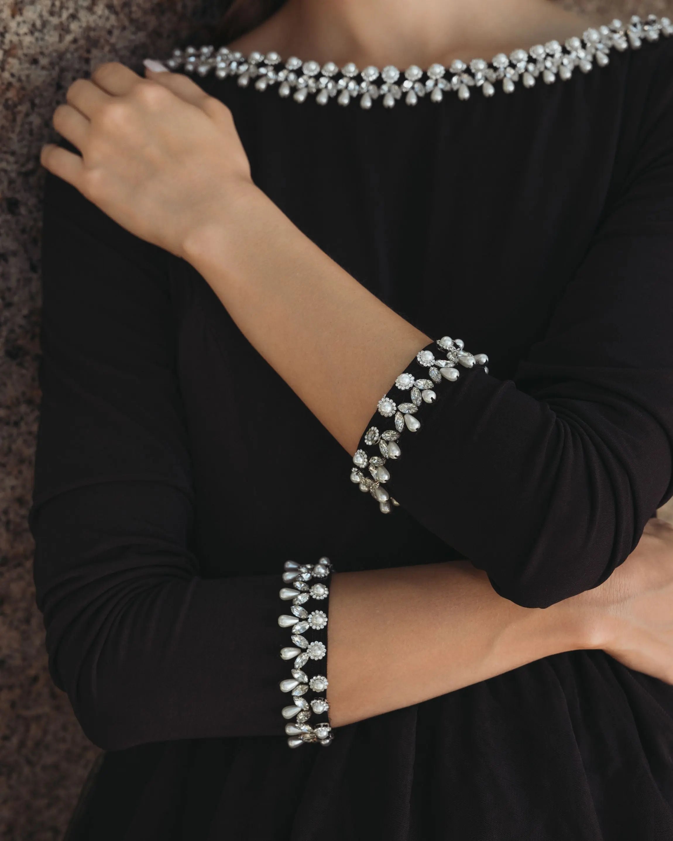 Black Embellished Jersey Long Sleeve Ball Gown With Tulle Skirt-Myartka