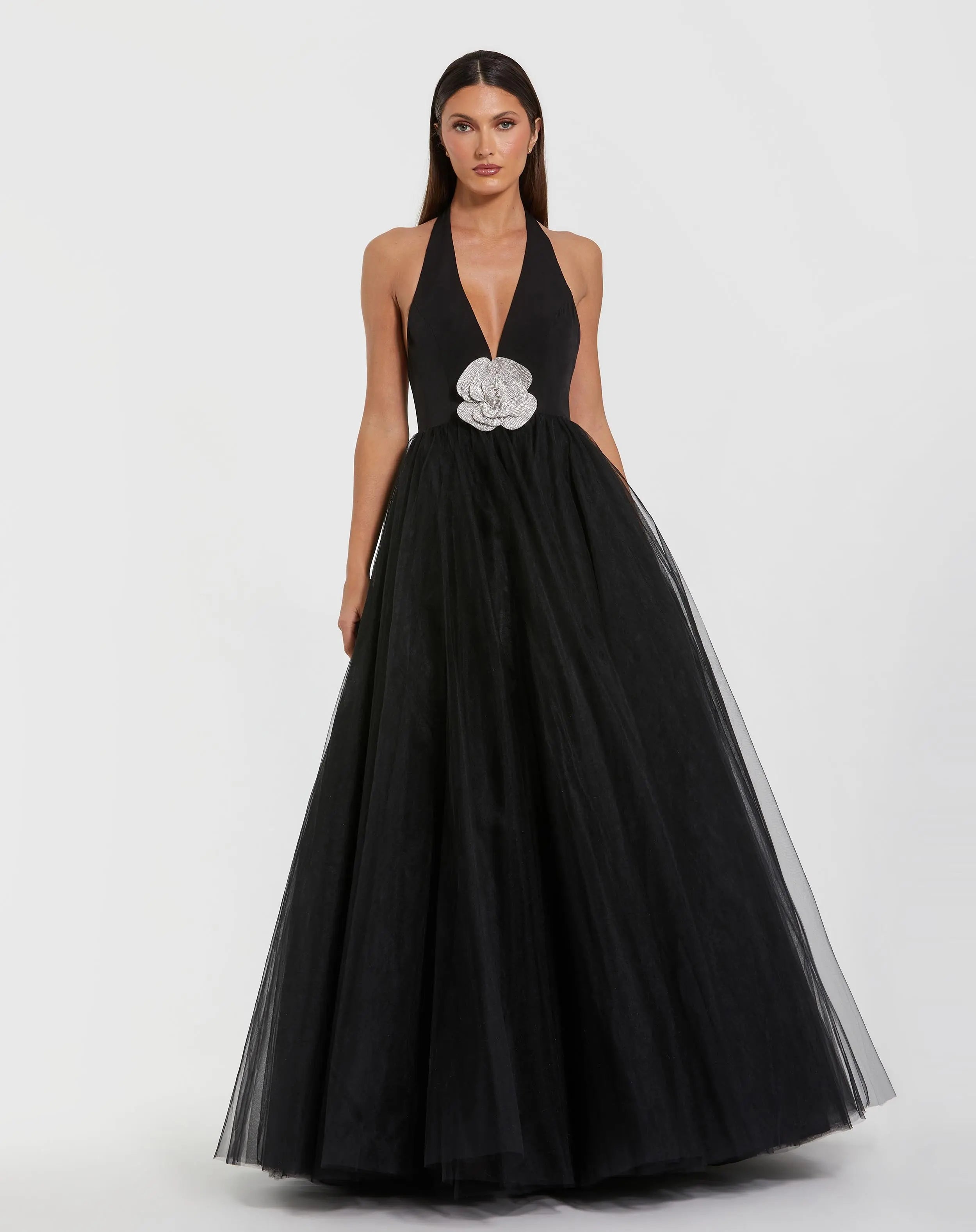 Black Halter Neck Ball Gown with Rhinestone Flower-Myartka