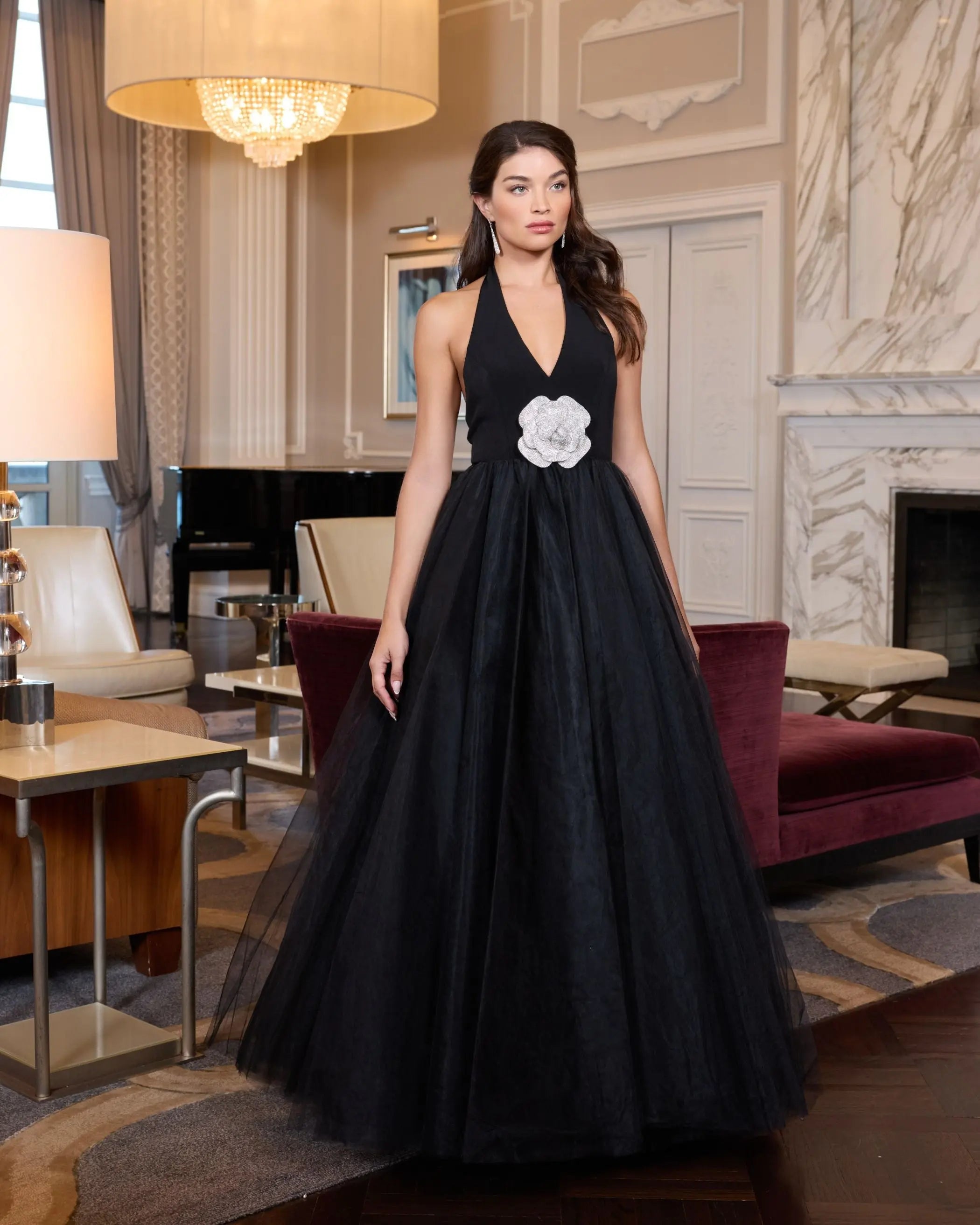 Black Halter Neck Ball Gown with Rhinestone Flower-Myartka