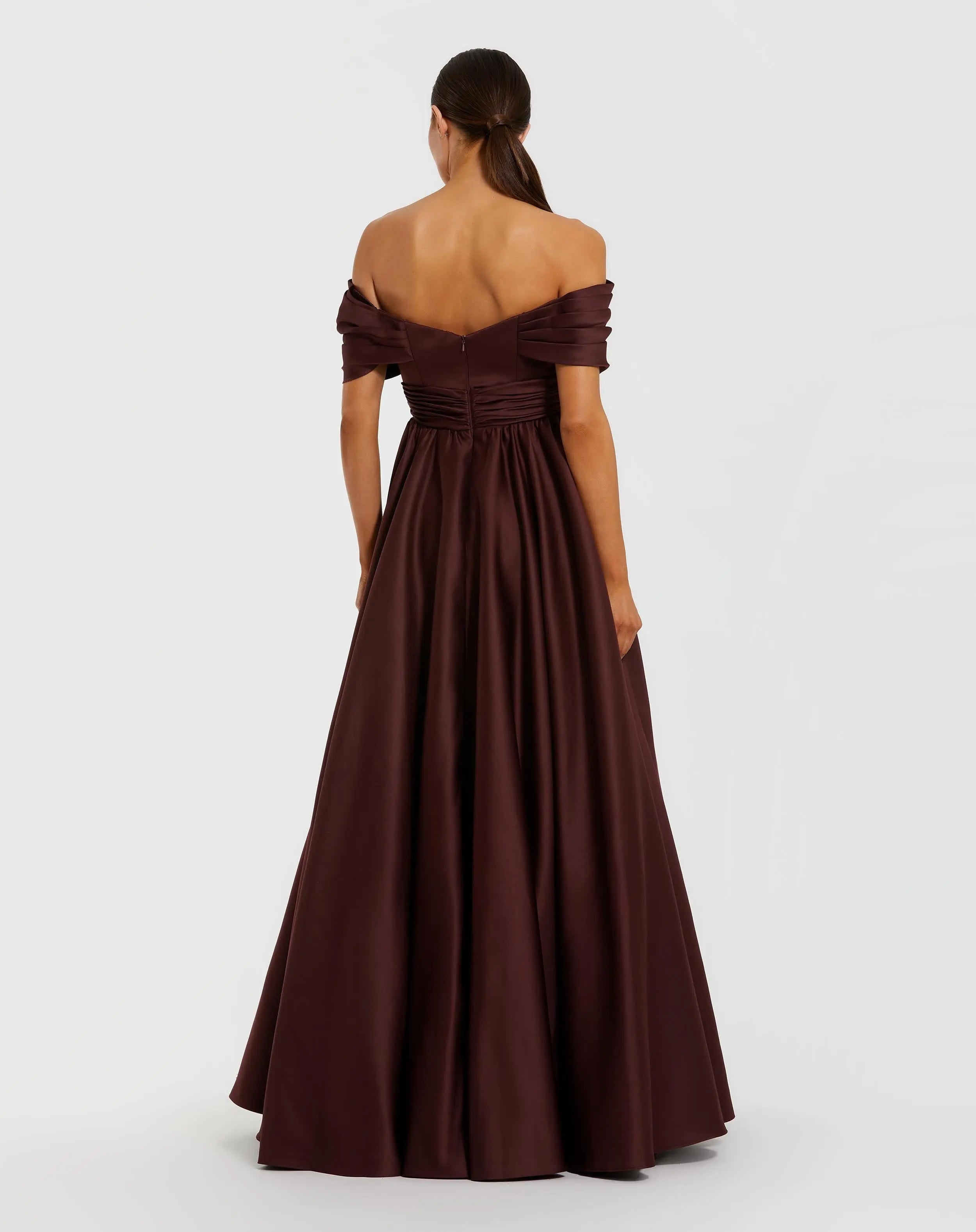 Burgundy Satin Off The Shoulder Twist Evening Ball Gown-Myartka
