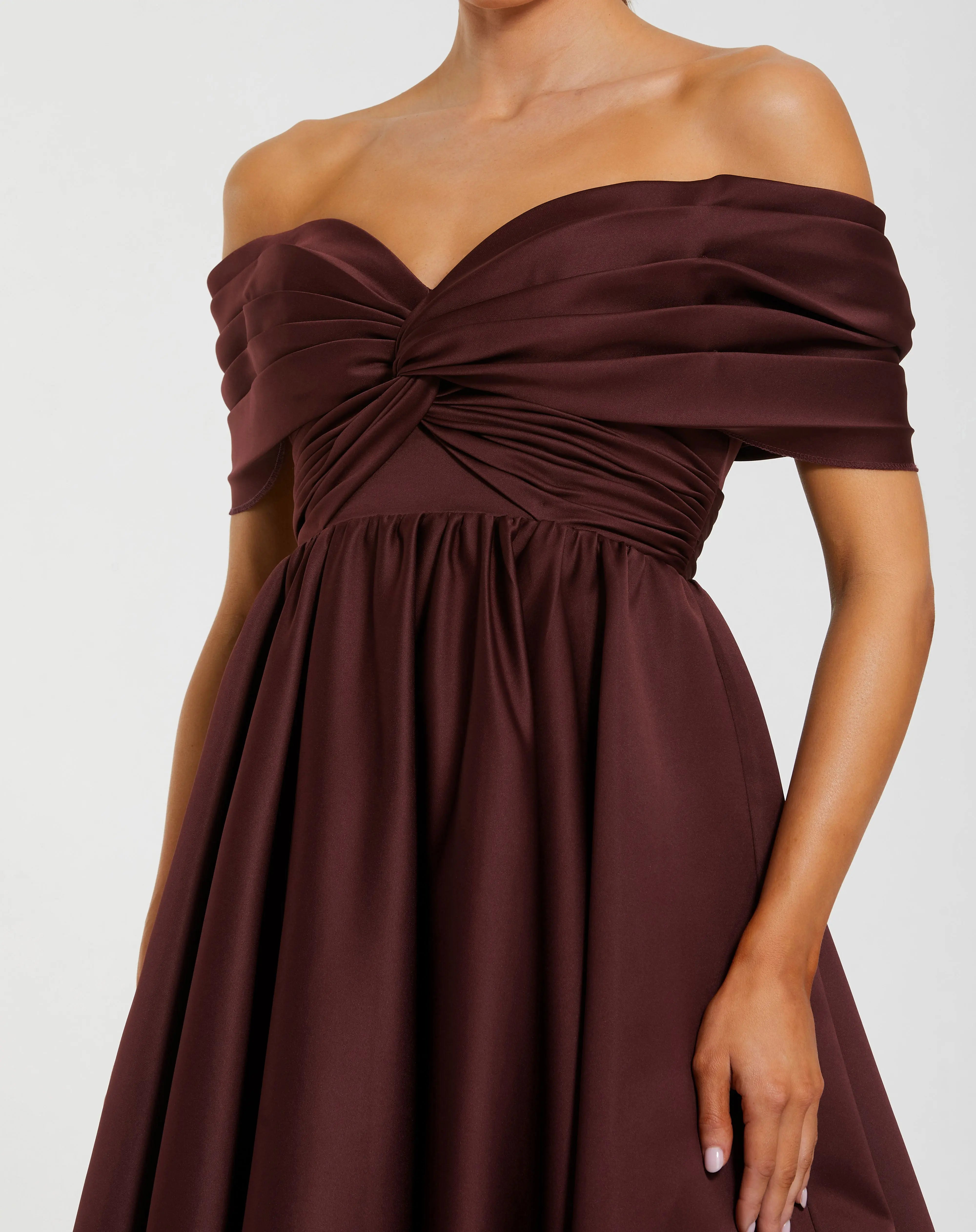 Burgundy Satin Off The Shoulder Twist Evening Ball Gown-Myartka