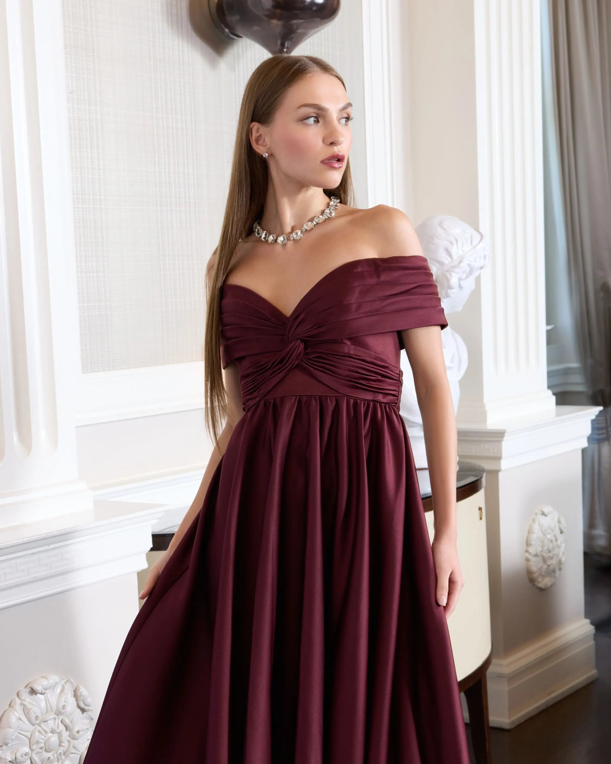 Burgundy Satin Off The Shoulder Twist Evening Ball Gown-Myartka