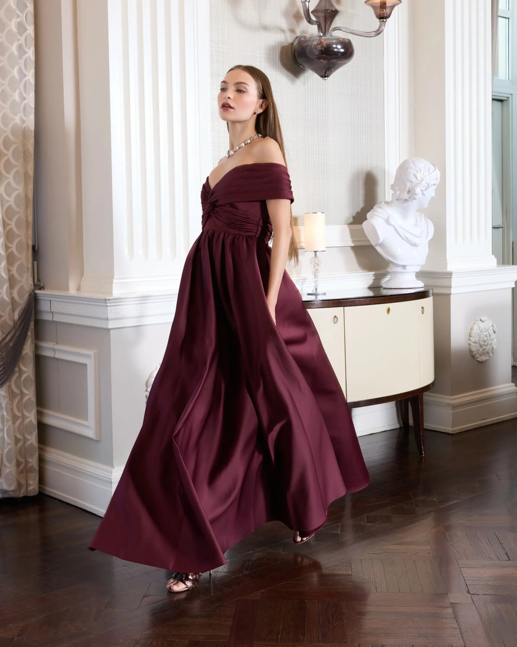 Burgundy Satin Off The Shoulder Twist Evening Ball Gown-Myartka