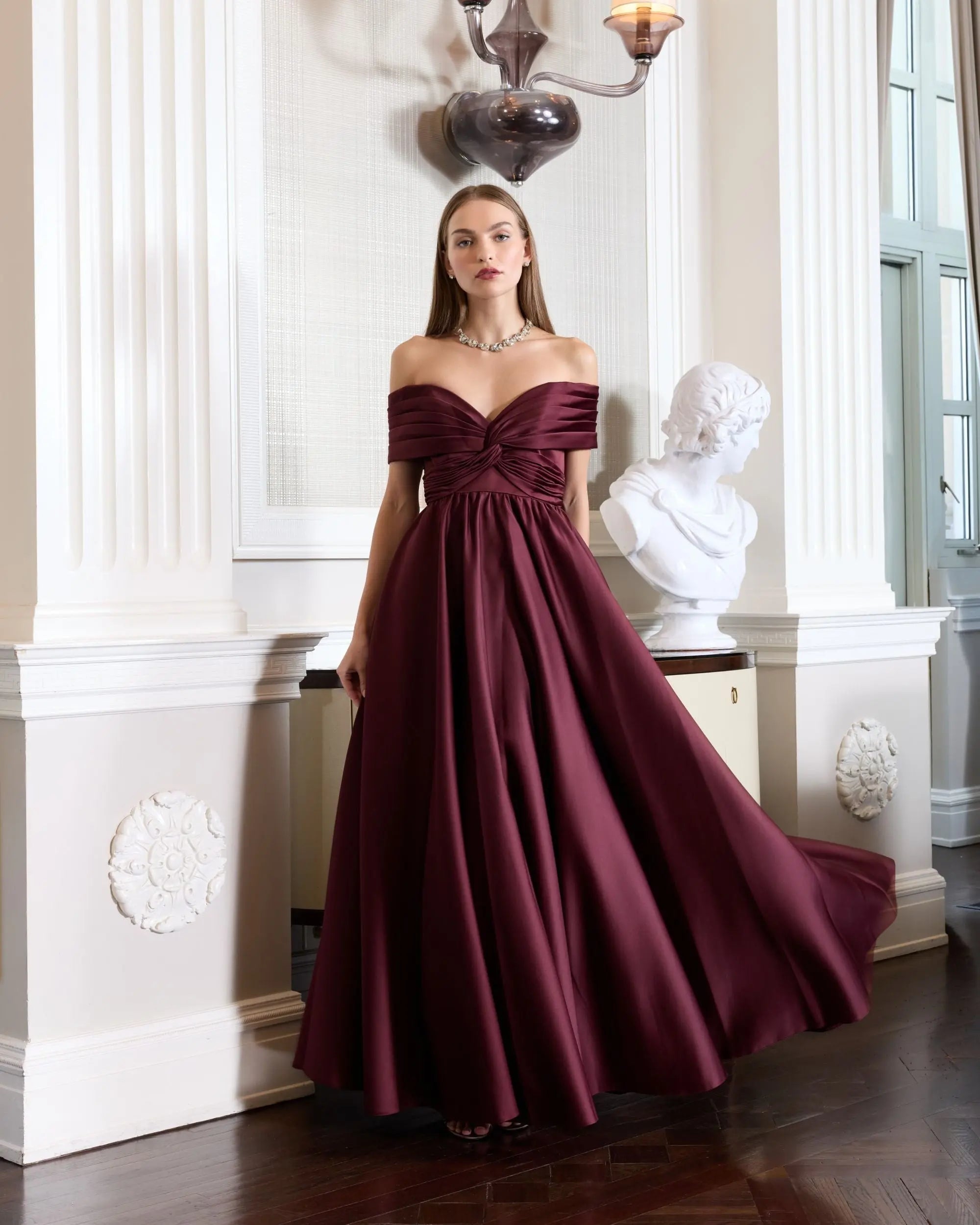 Burgundy Satin Off The Shoulder Twist Evening Ball Gown-Myartka