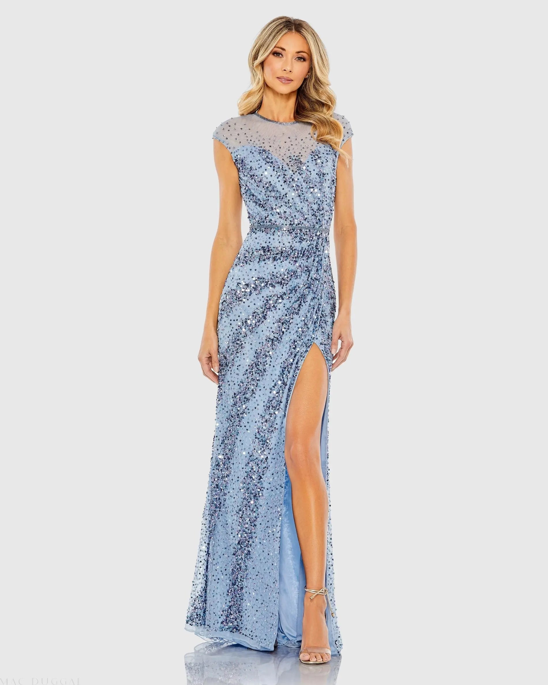 Blue Embellished Illusion High Neck Cap Sleeve Gown-Myartka