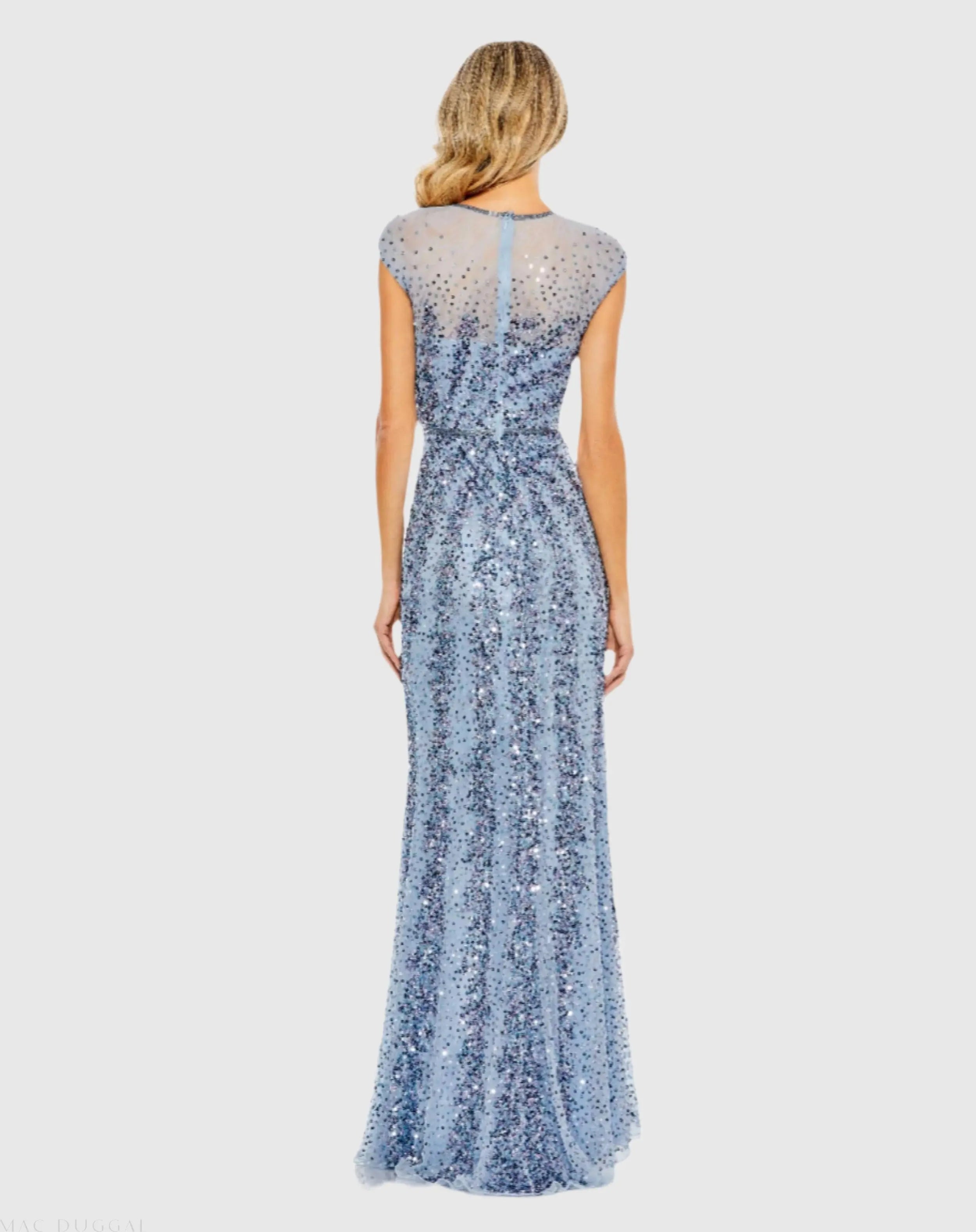 Blue Embellished Illusion High Neck Cap Sleeve Gown-Myartka