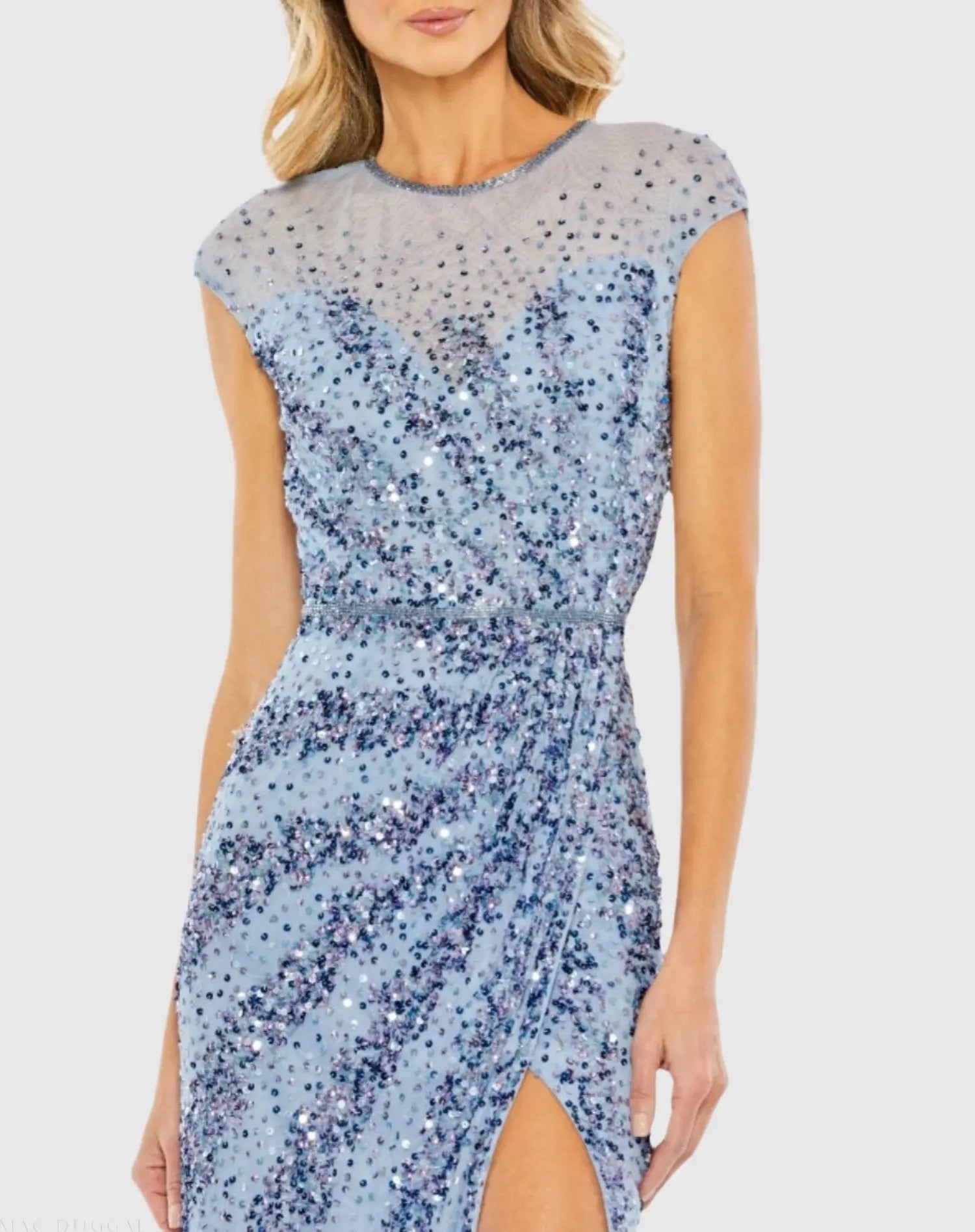 Blue Embellished Illusion High Neck Cap Sleeve Gown-Myartka