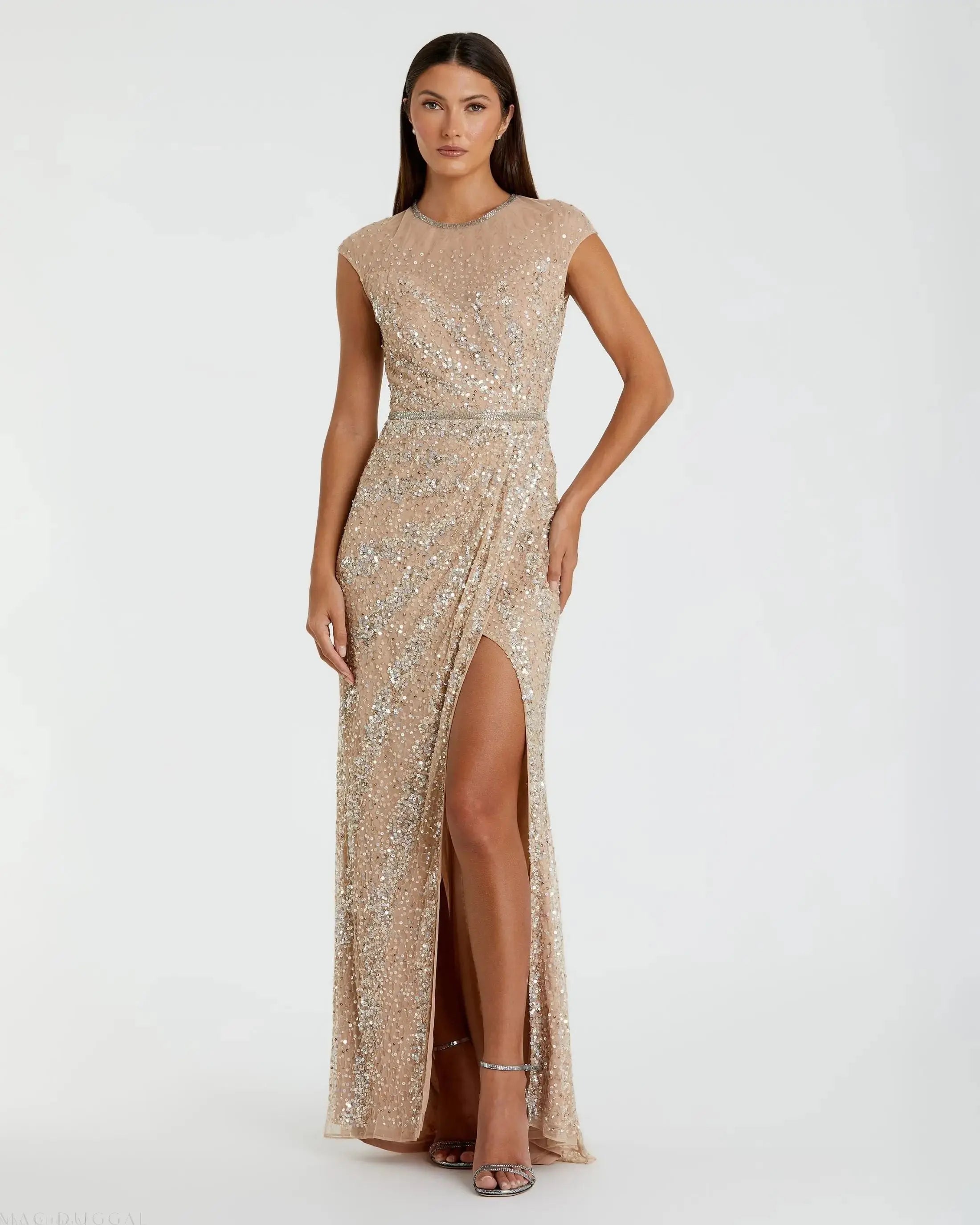 Beige Embellished Illusion High Neck Cap Sleeve Gown-Myartka