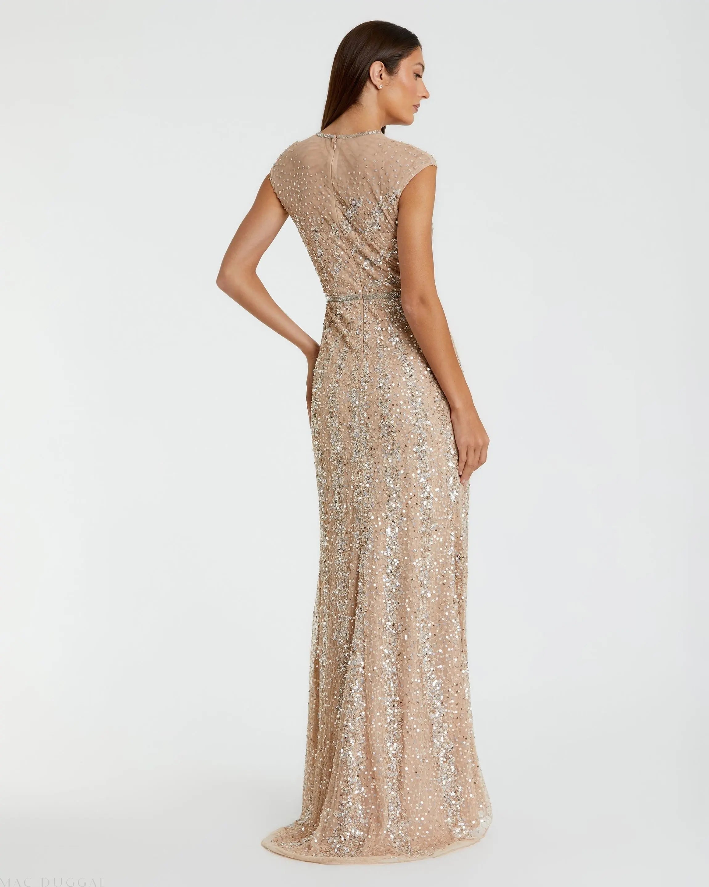 Beige Embellished Illusion High Neck Cap Sleeve Gown-Myartka