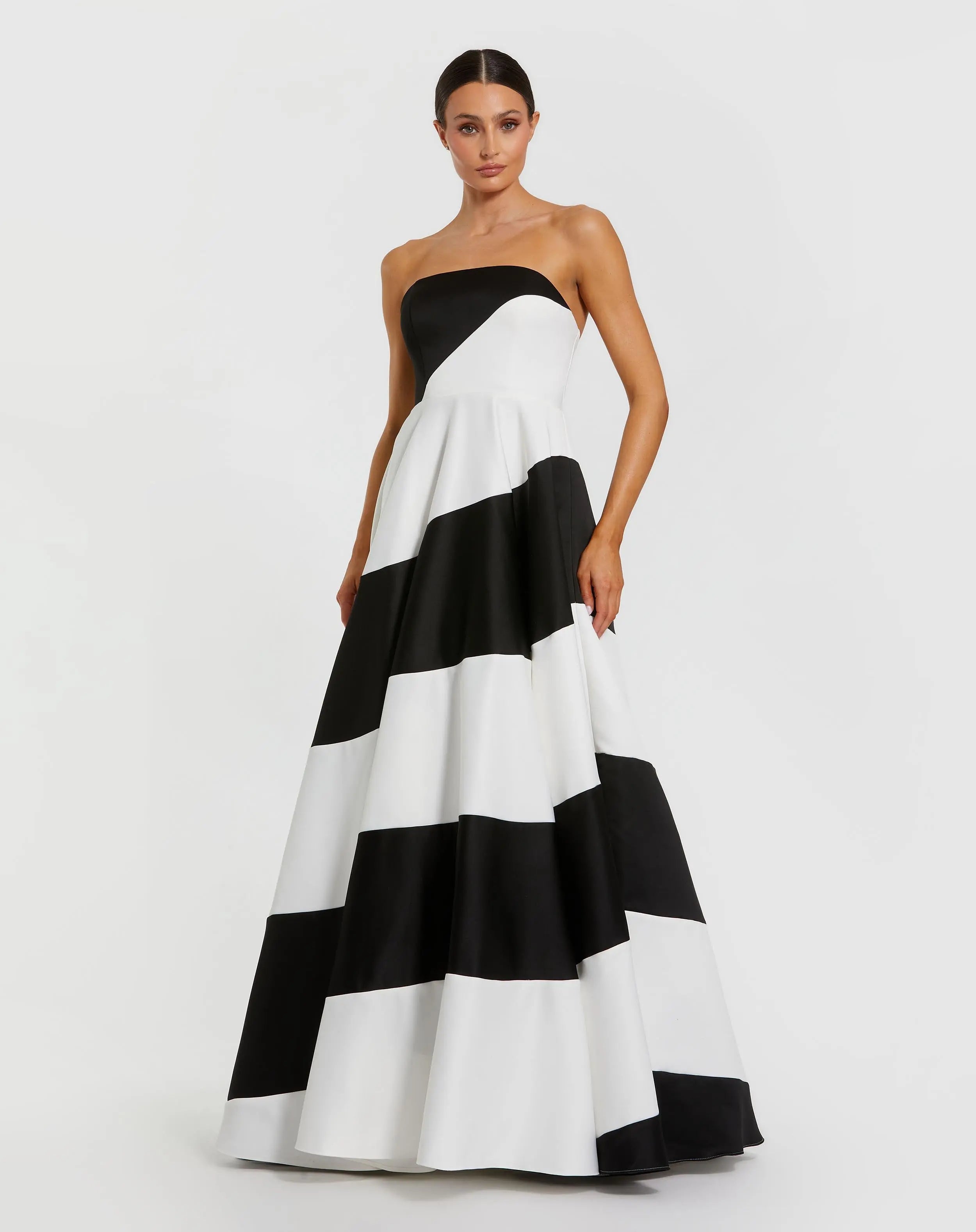 Black and White Striped Satin Strapless Ball Gown-Myartka