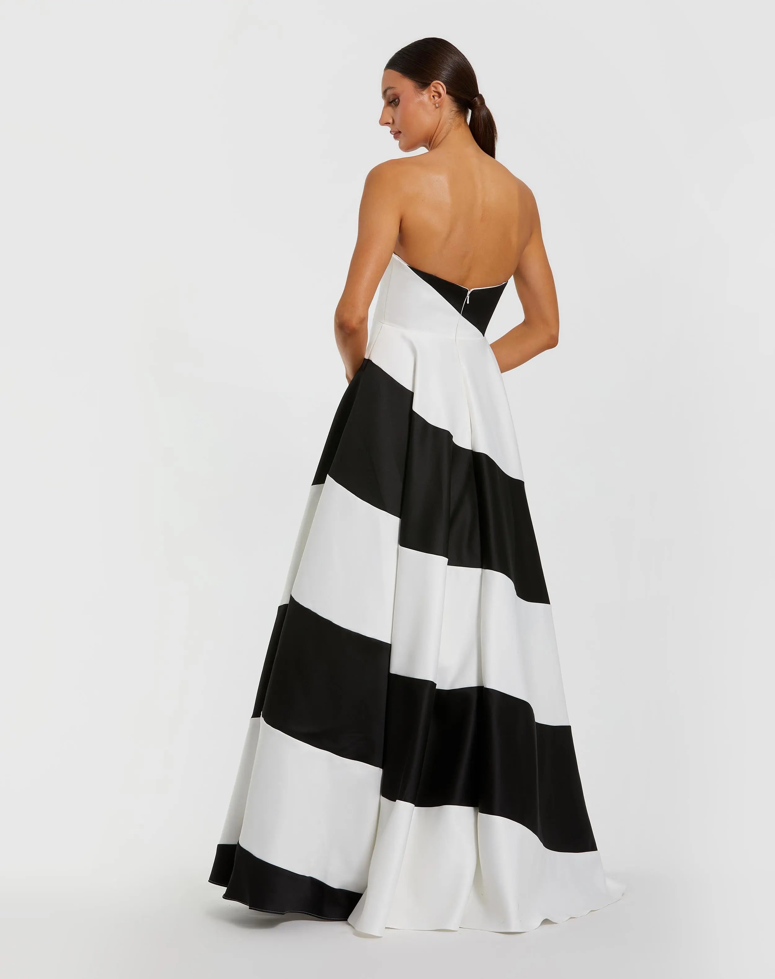 Black and White Striped Satin Strapless Ball Gown-Myartka