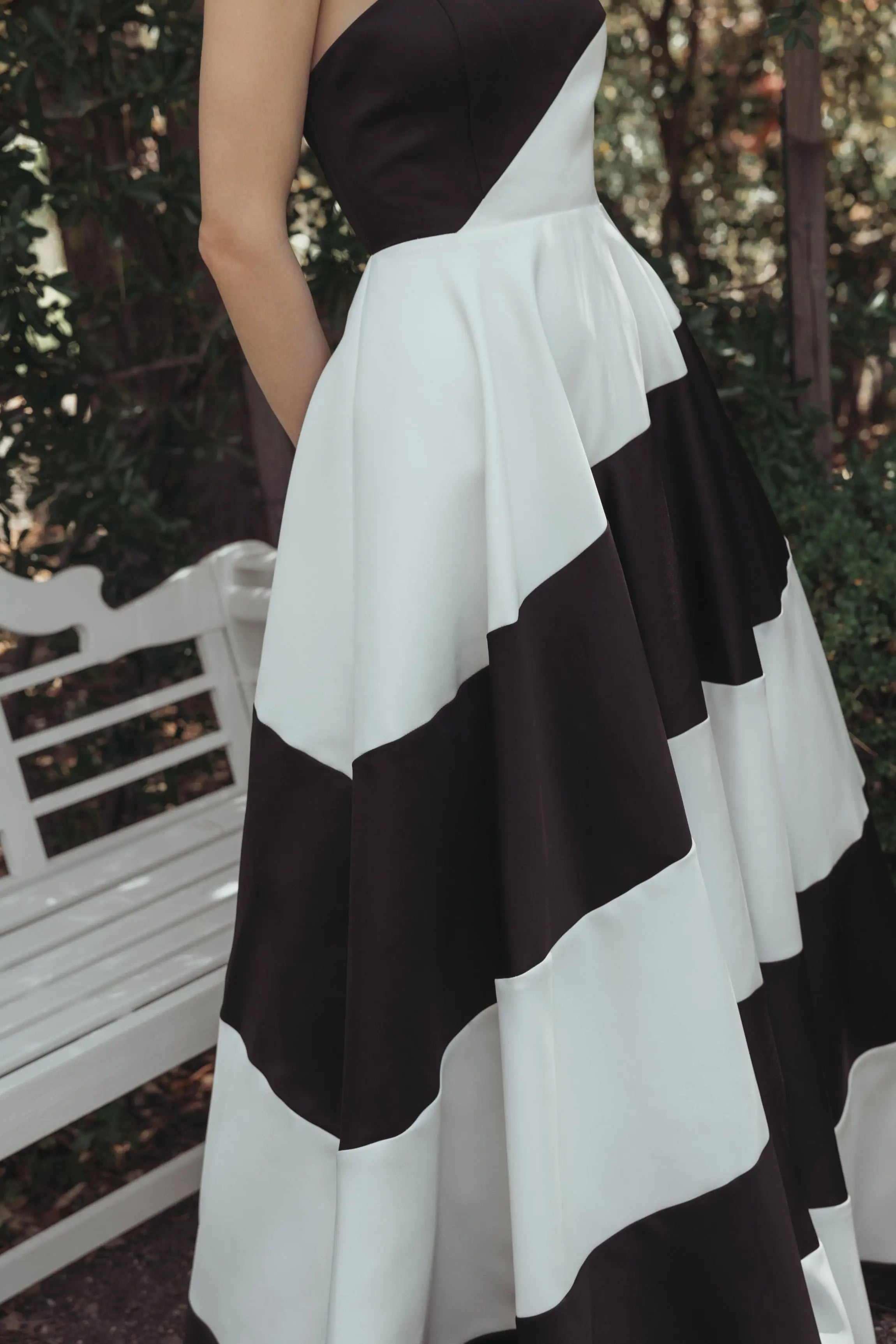 Black and White Striped Satin Strapless Ball Gown-Myartka
