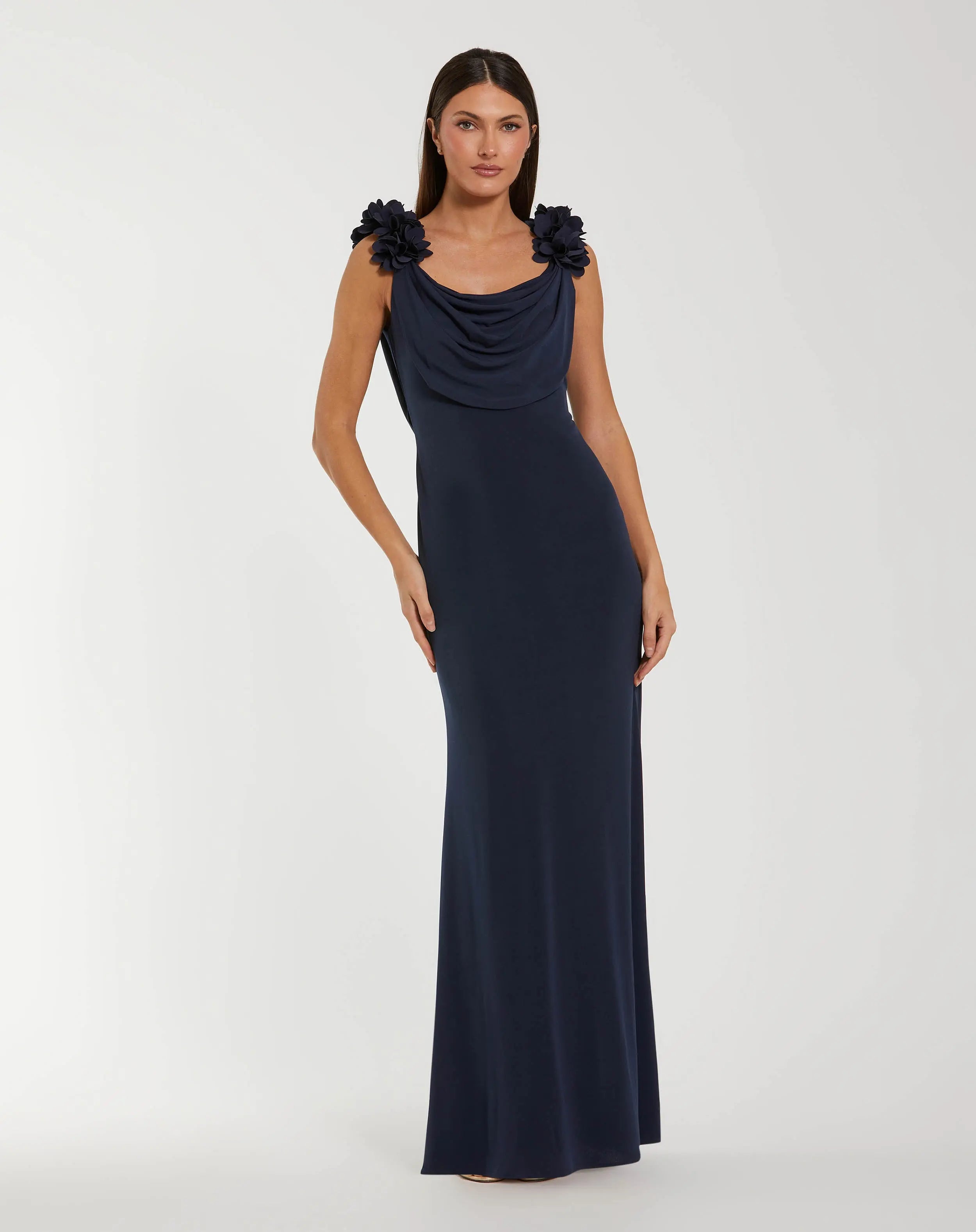 Navy Cowl Neck Jersey Gown With 3D Flower Straps-Myartka