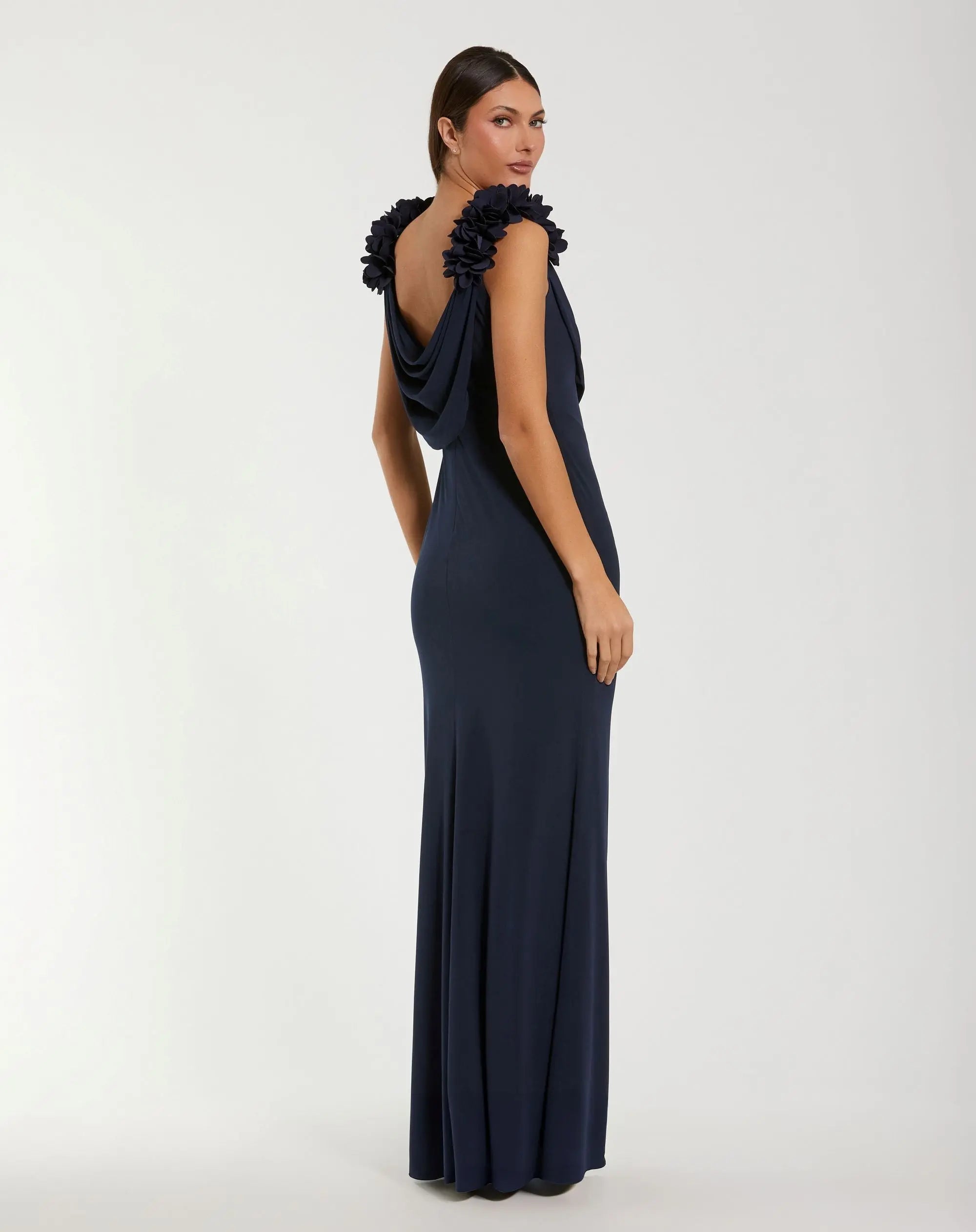 Navy Cowl Neck Jersey Gown With 3D Flower Straps-Myartka
