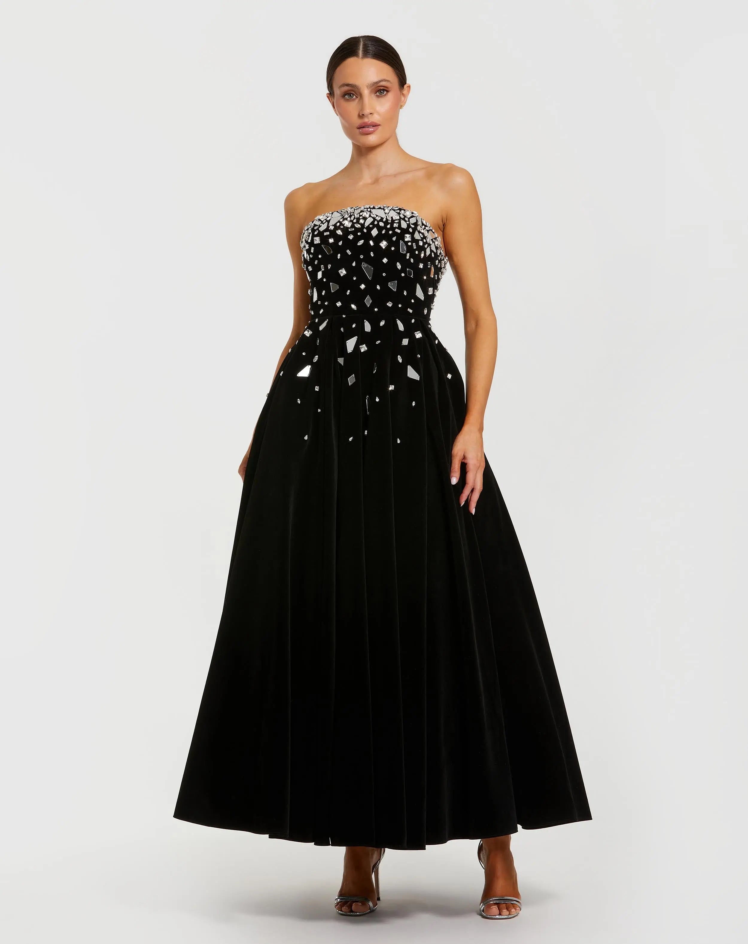 Black Velvet Strapless A-Line Midi Dress with Embellishments-Myartka