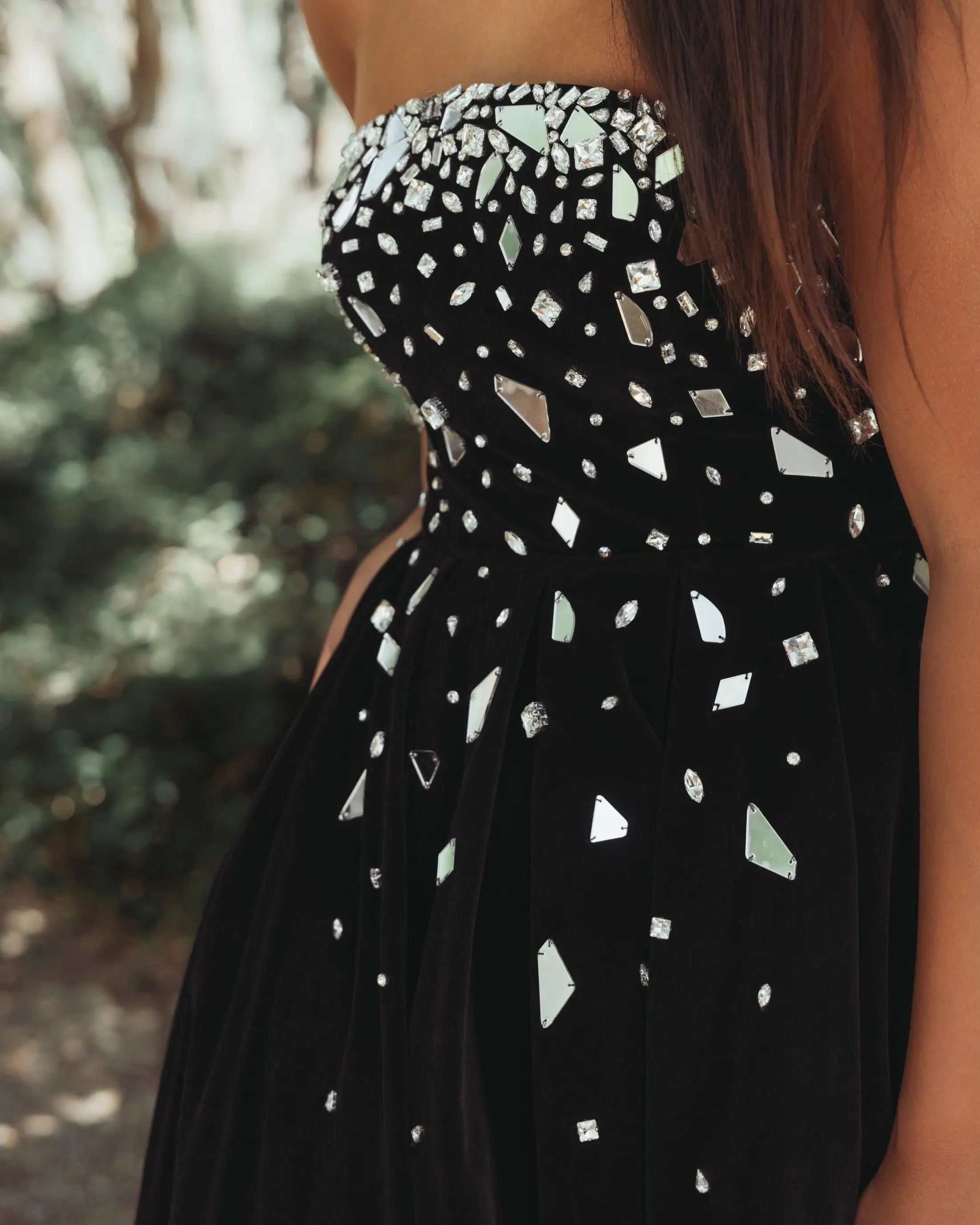 Black Velvet Strapless A-Line Midi Dress with Embellishments-Myartka