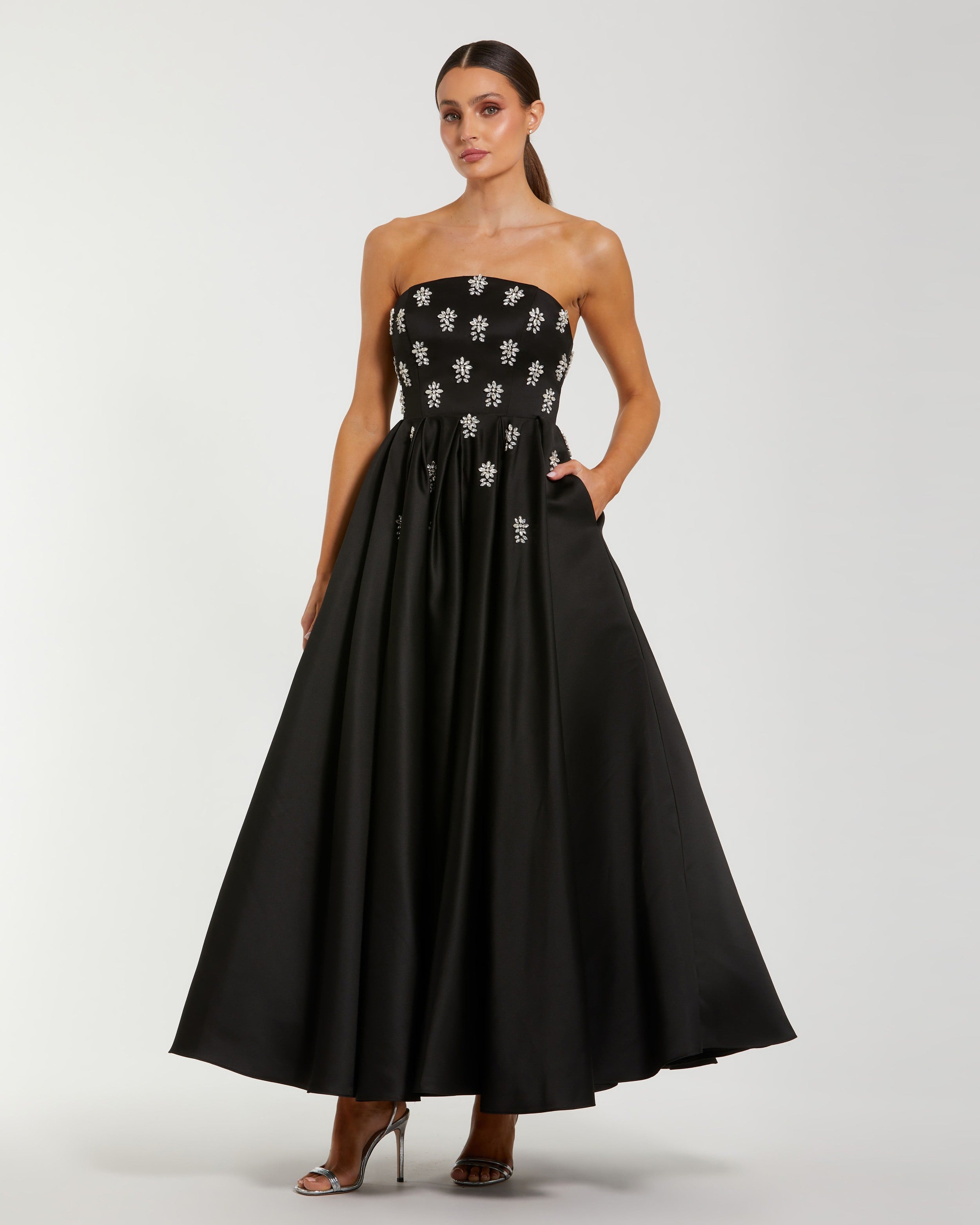 Black Crystal Embellished Strapless Satin A-Line Dress-Myartka