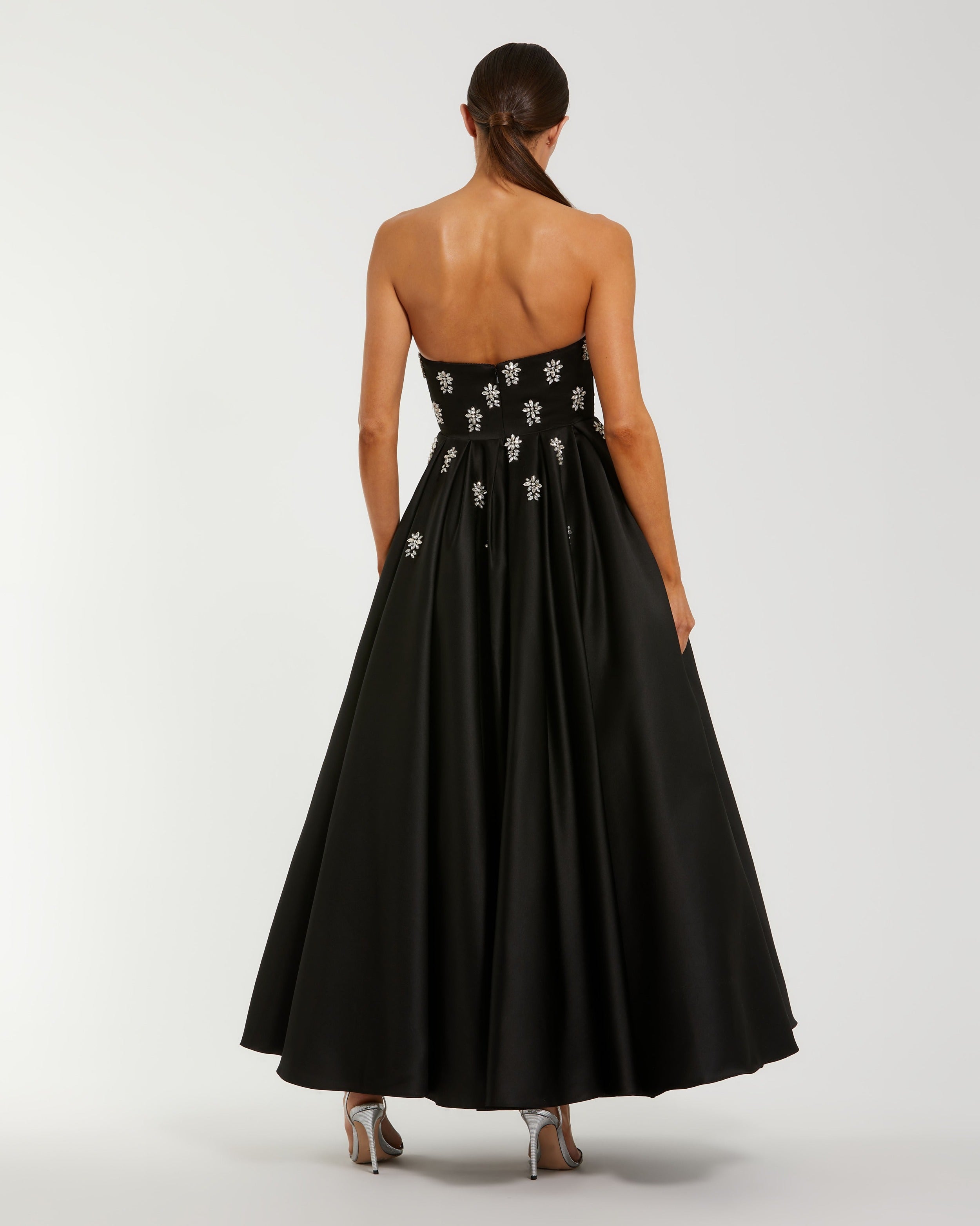 Black Crystal Embellished Strapless Satin A-Line Dress-Myartka