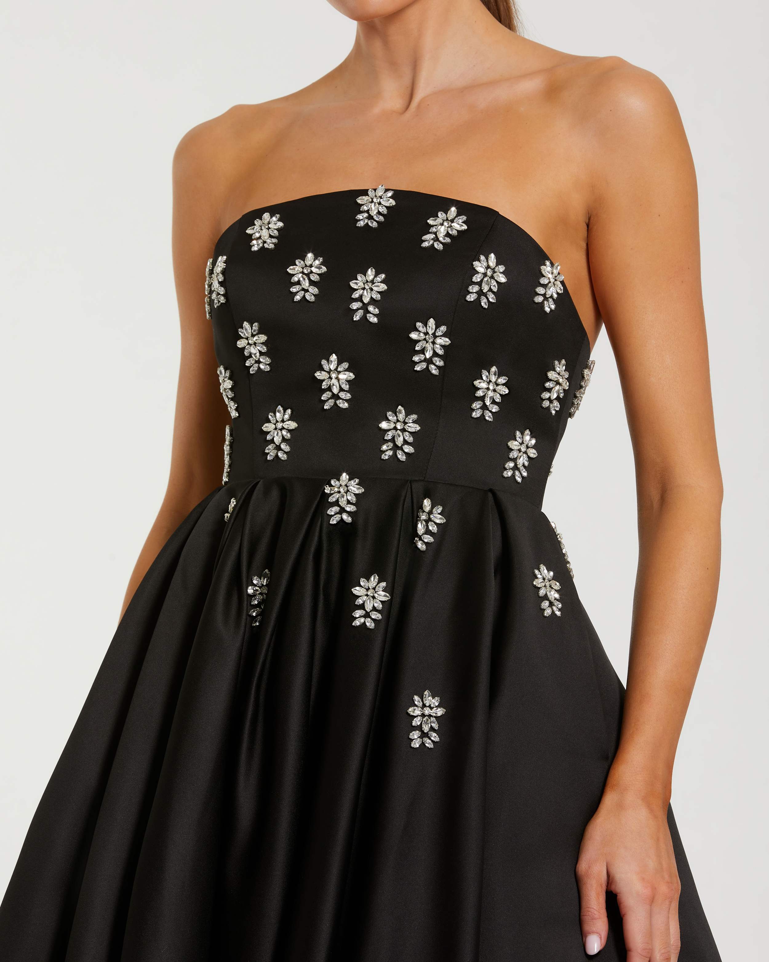 Black Crystal Embellished Strapless Satin A-Line Dress-Myartka