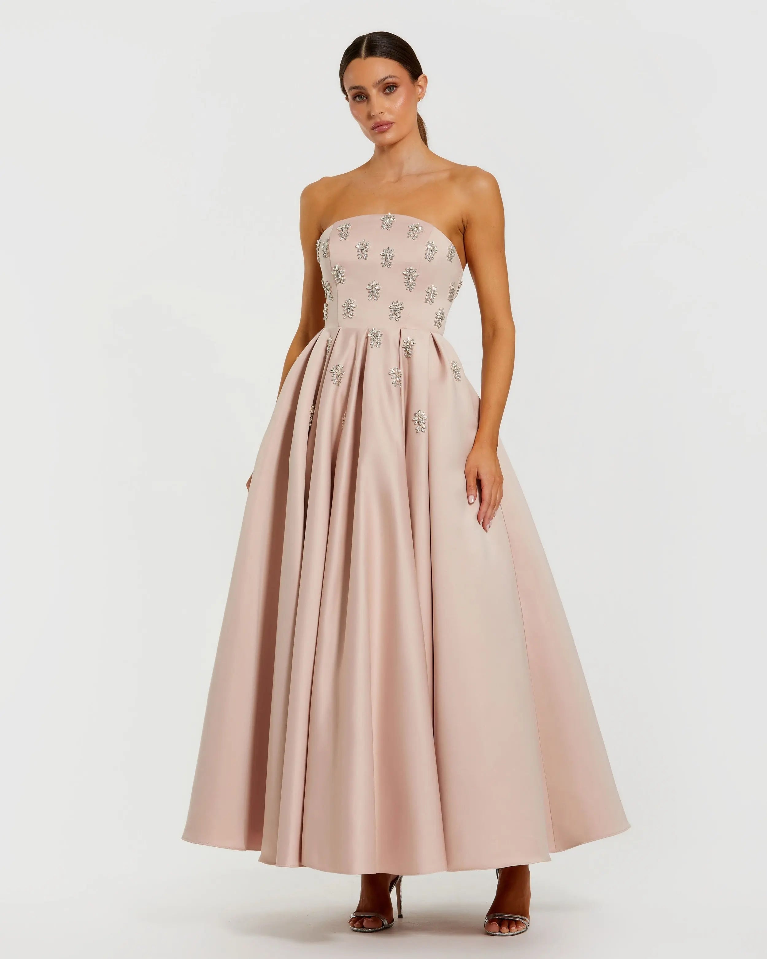 Crystal Embellished Strapless Satin A-Line Dress-Myartka