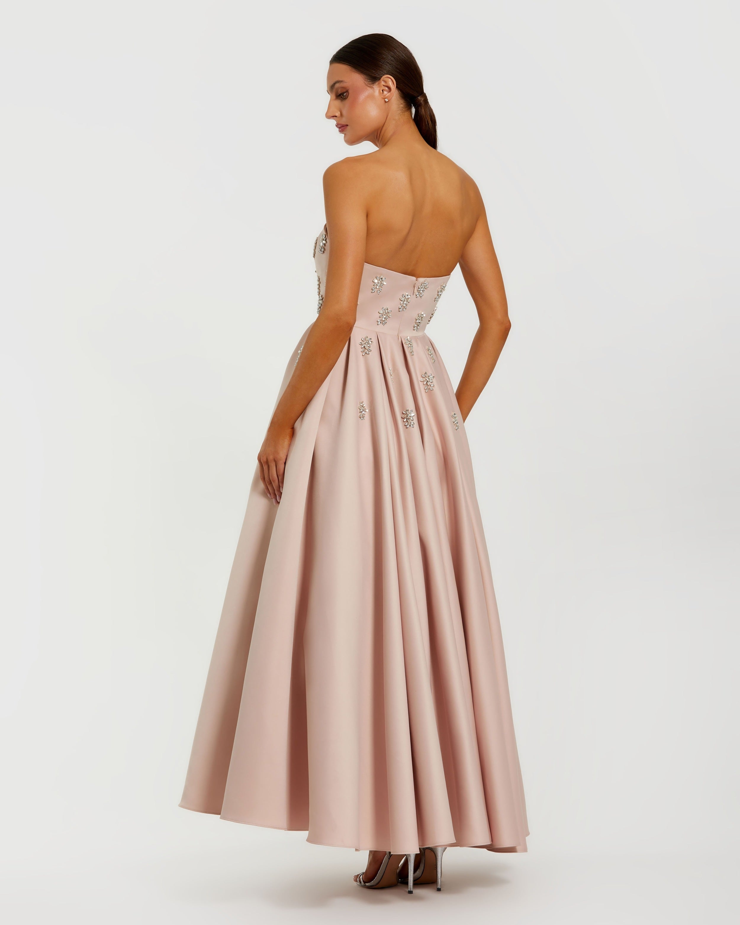 Pink Crystal Embellished Strapless Satin A-Line Dress-Myartka