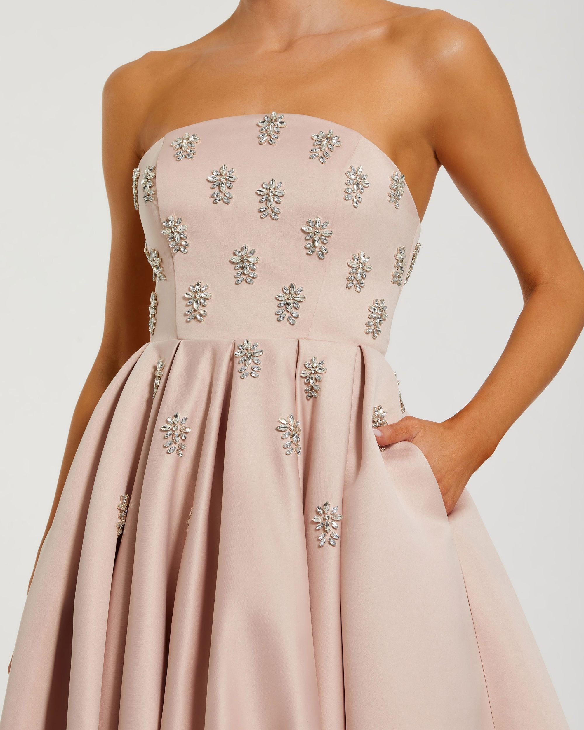 Pink Crystal Embellished Strapless Satin A-Line Dress-Myartka